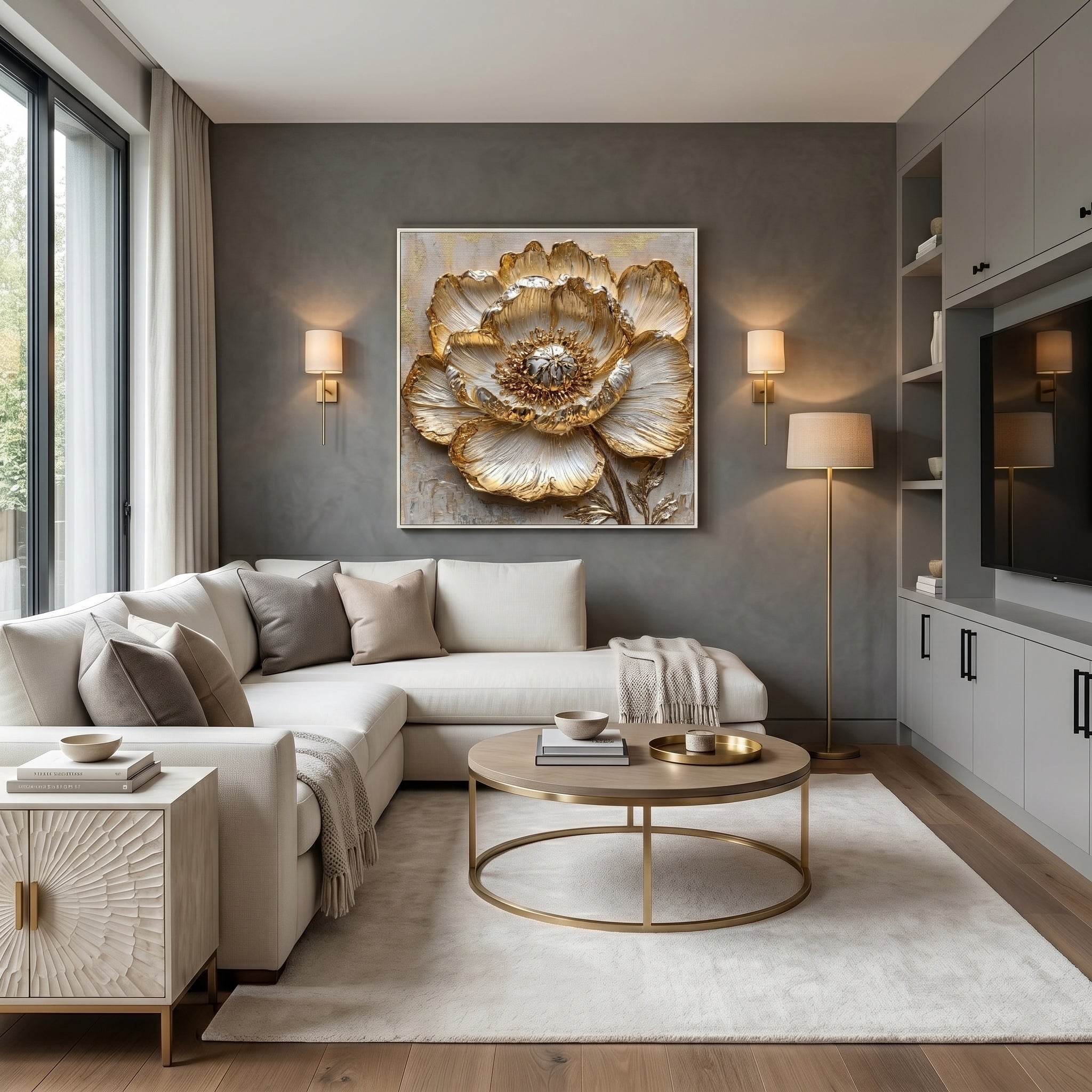 Gilded Bloom – Modern Luxury 3D Relief Oil Painting | Metallic Peony Flower Textured Bedroom Art