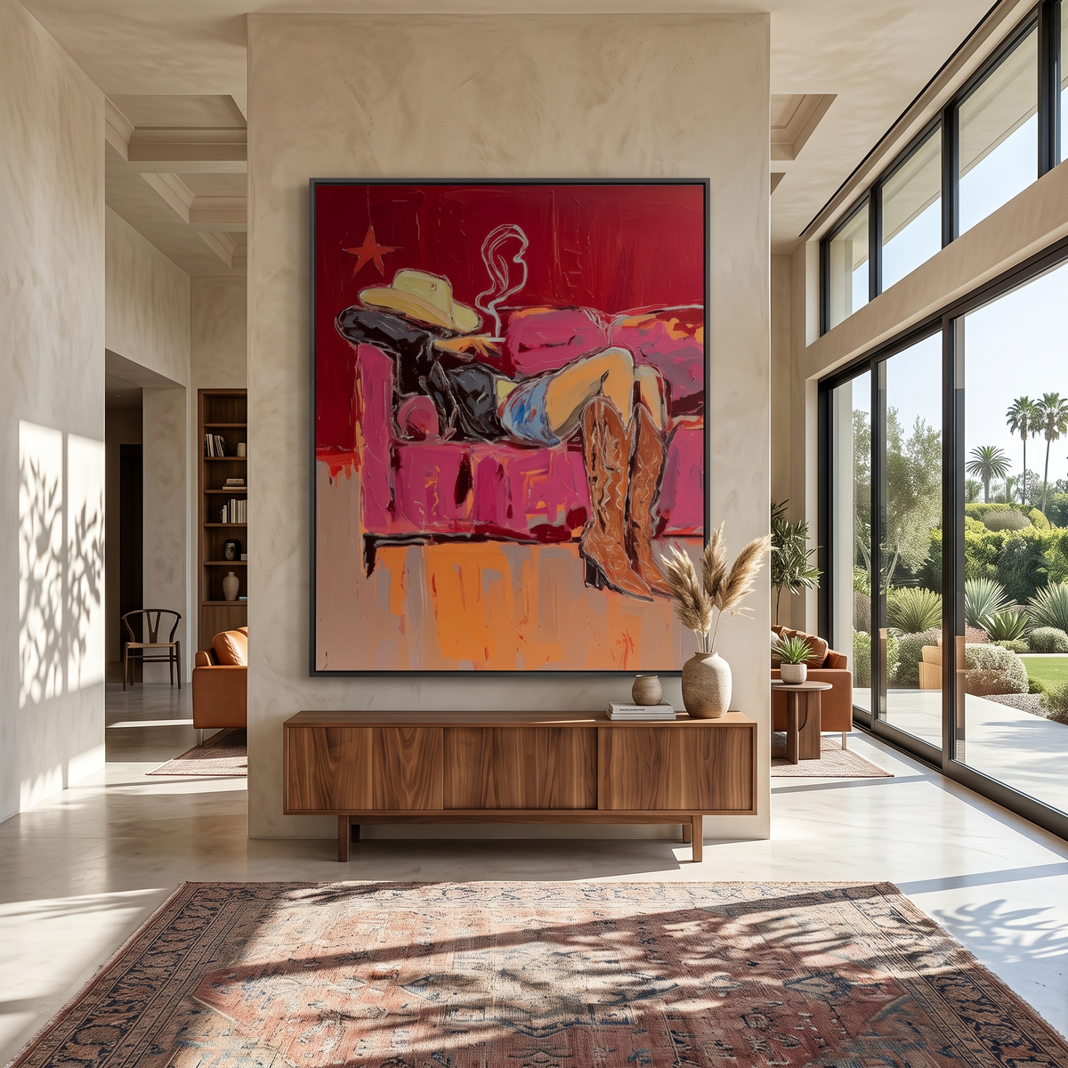 Couch Boots After Sundown – Pop Art Reclining Cowgirl Painting | Red Vertical Wall Art