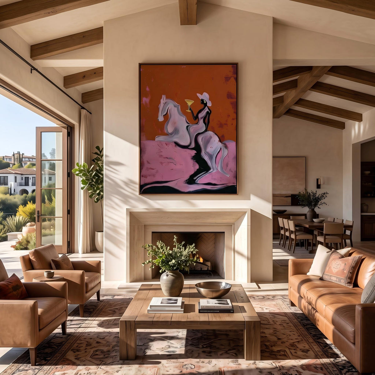 Pink Clouds Carry Rider – Pop Art Cowboy Horse Painting | Playful Orange Vertical Wall Art