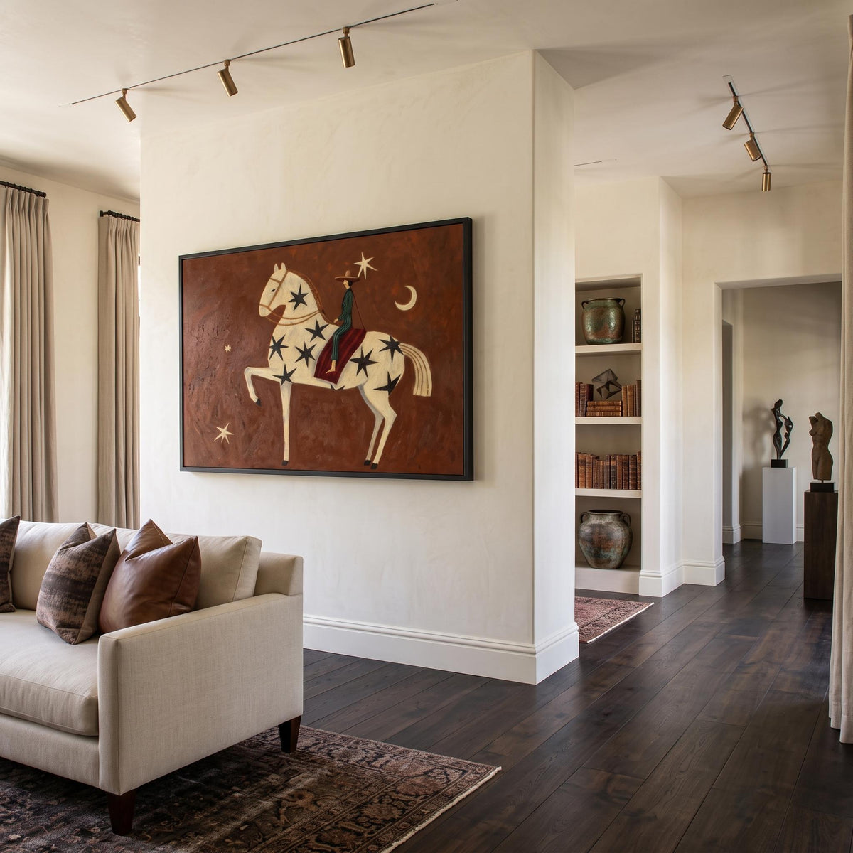 Stars Above Red Reins – Rust Horse and Rider Painting | Whimsical Western Horizontal Wall Art
