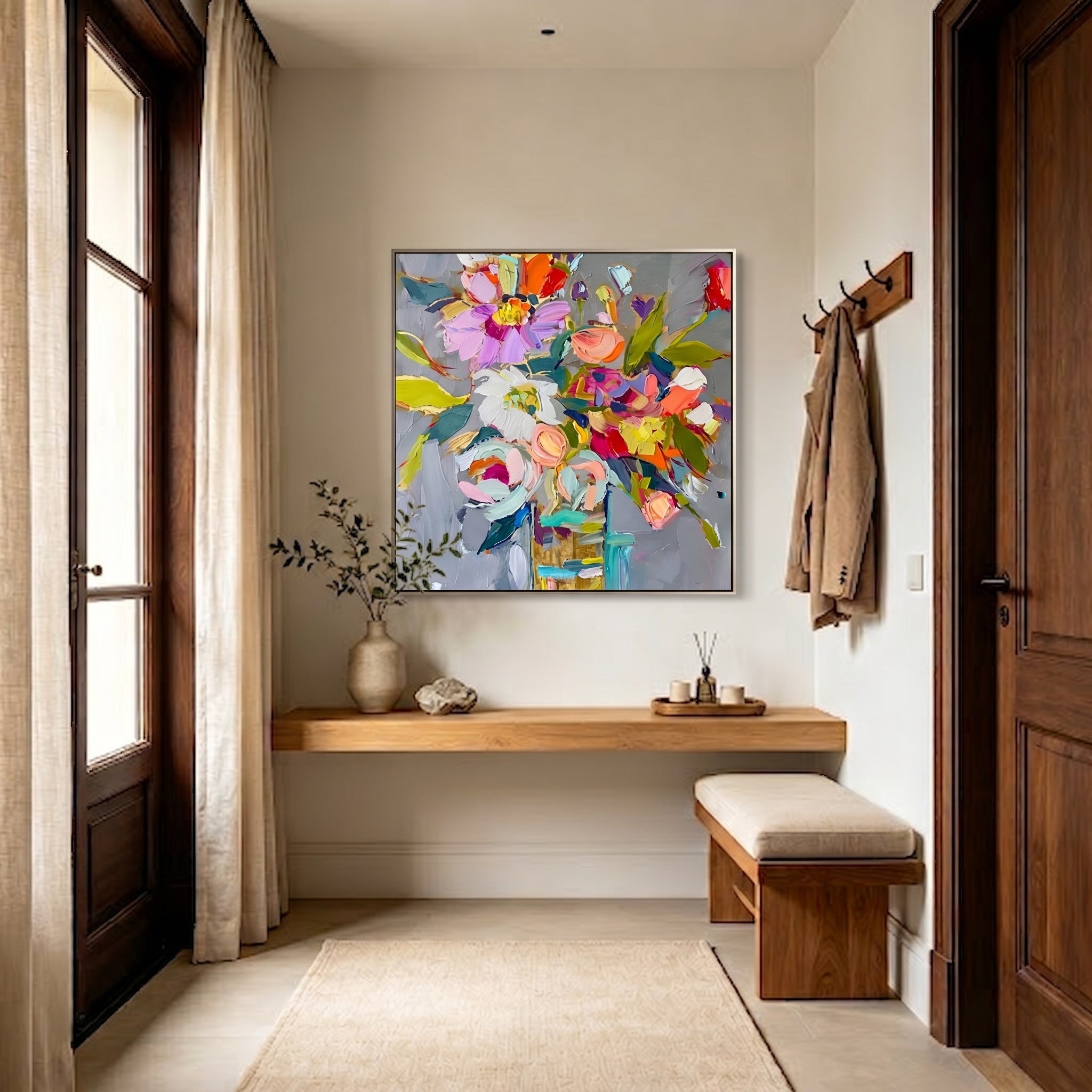 Vibrant Rhapsody – Modern Colorful Abstract Floral Oil Painting | Creative Textured Bedroom Art