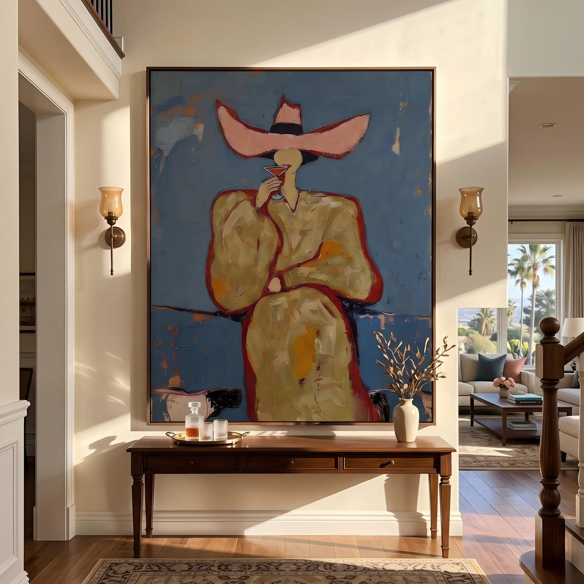 Midnight Hat Rides Tall – Pop Art Western Woman Painting | Blue Vertical Wall Art