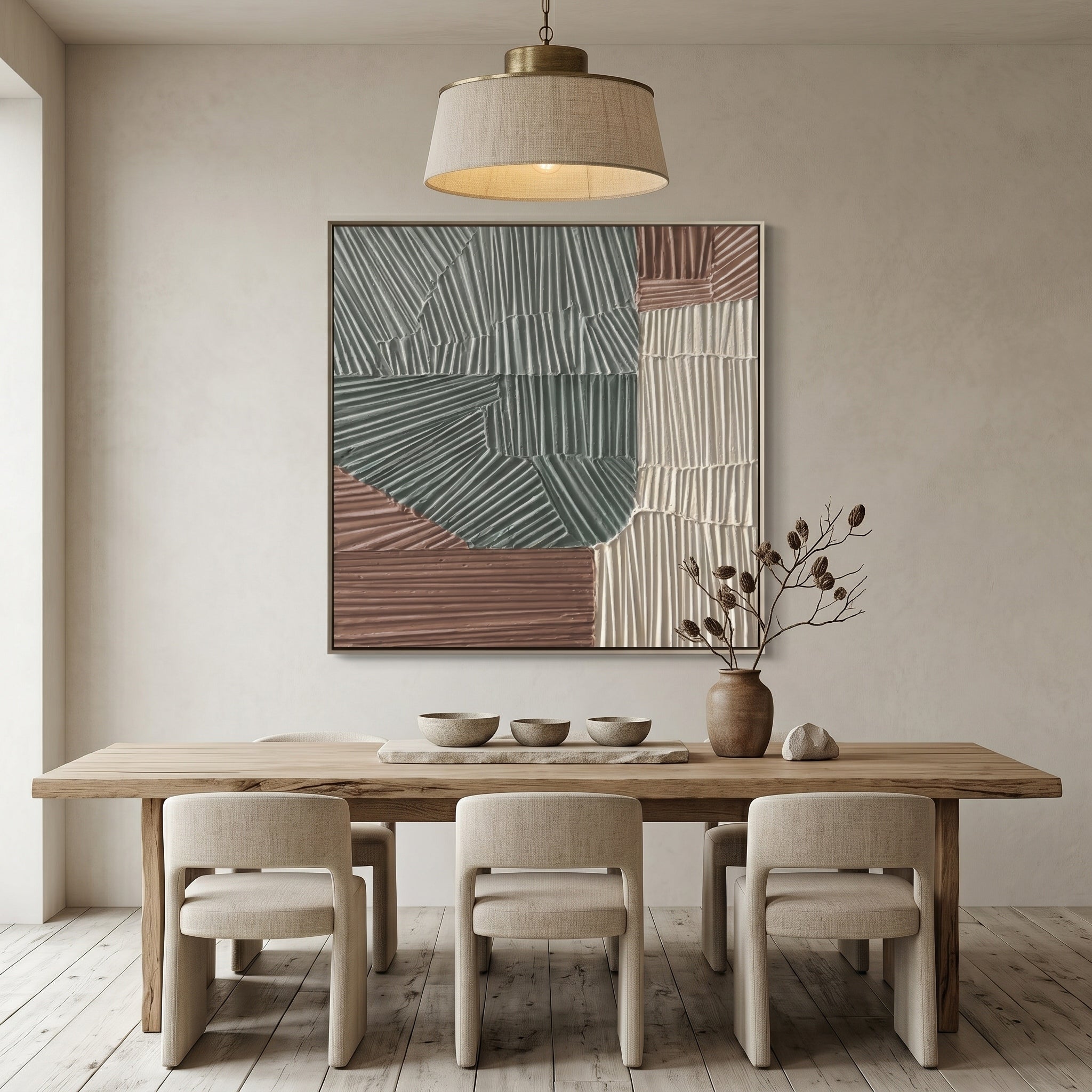Zen Pathways – Wabi-Sabi Earth Tone Plaster Line Texture Canvas | Minimalist Living Room Art