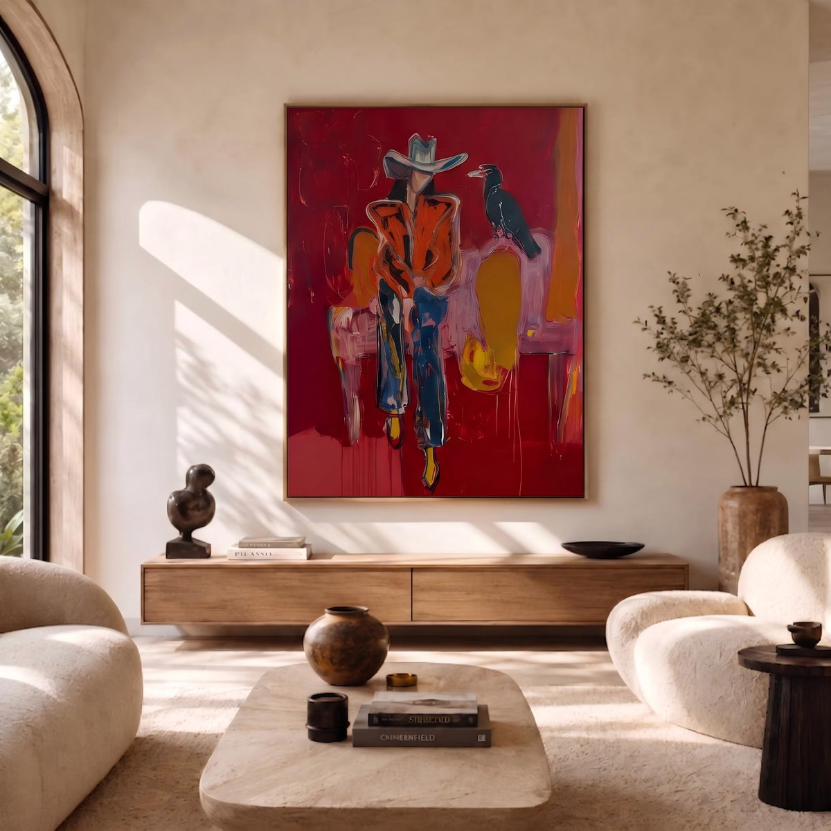 Crow Watches Scarlet Riders – Pop Art Western Figures Painting | Bold Red Vertical Wall Art