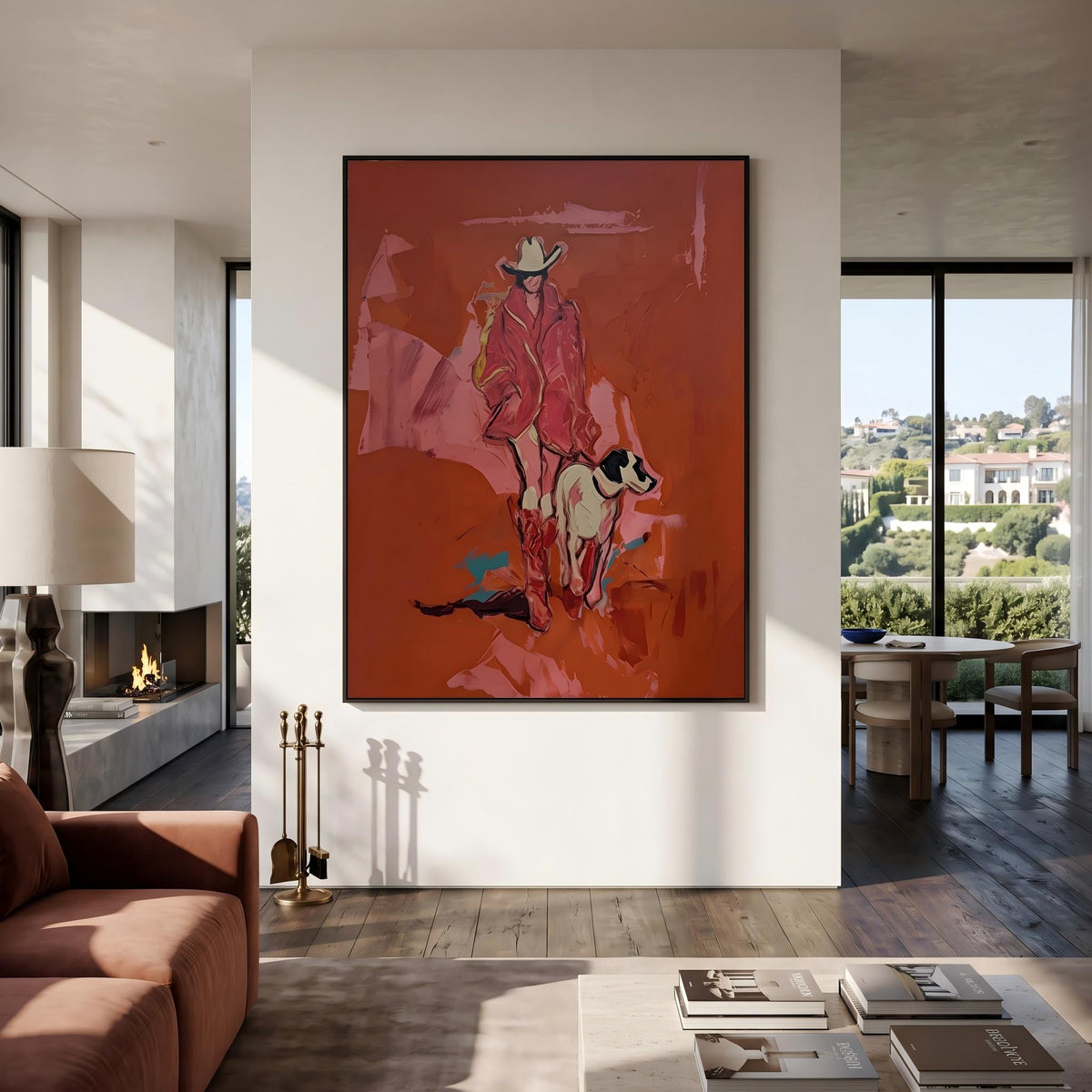 Cowgirl Trails With Dog – Pop Art Cowgirl and Dog Painting | Warm Red Vertical Wall Art