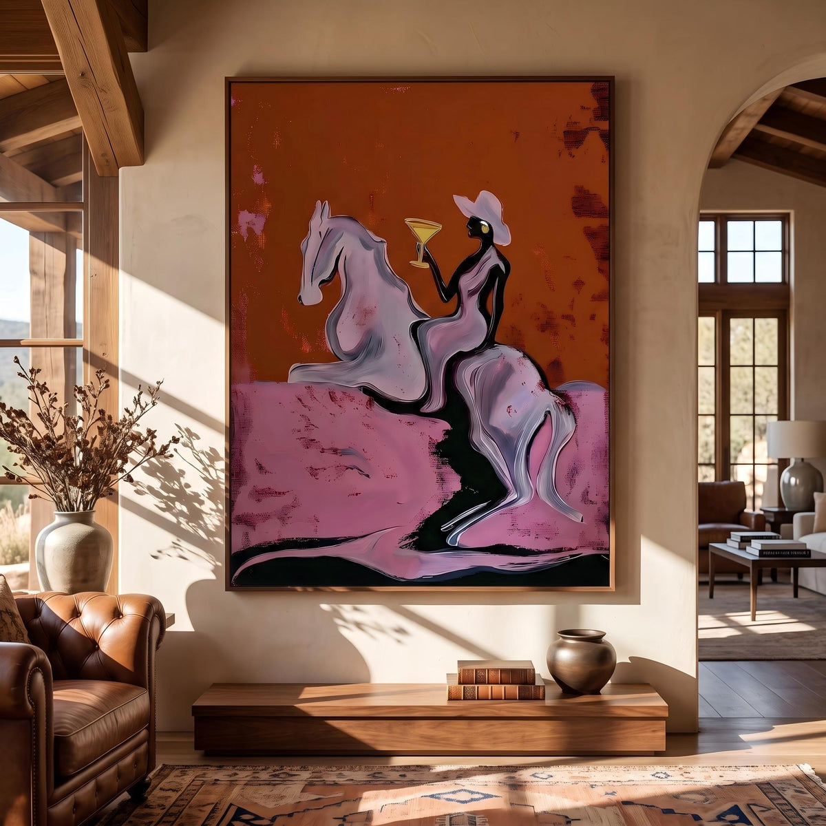 Pink Clouds Carry Rider – Pop Art Cowboy Horse Painting | Playful Orange Vertical Wall Art