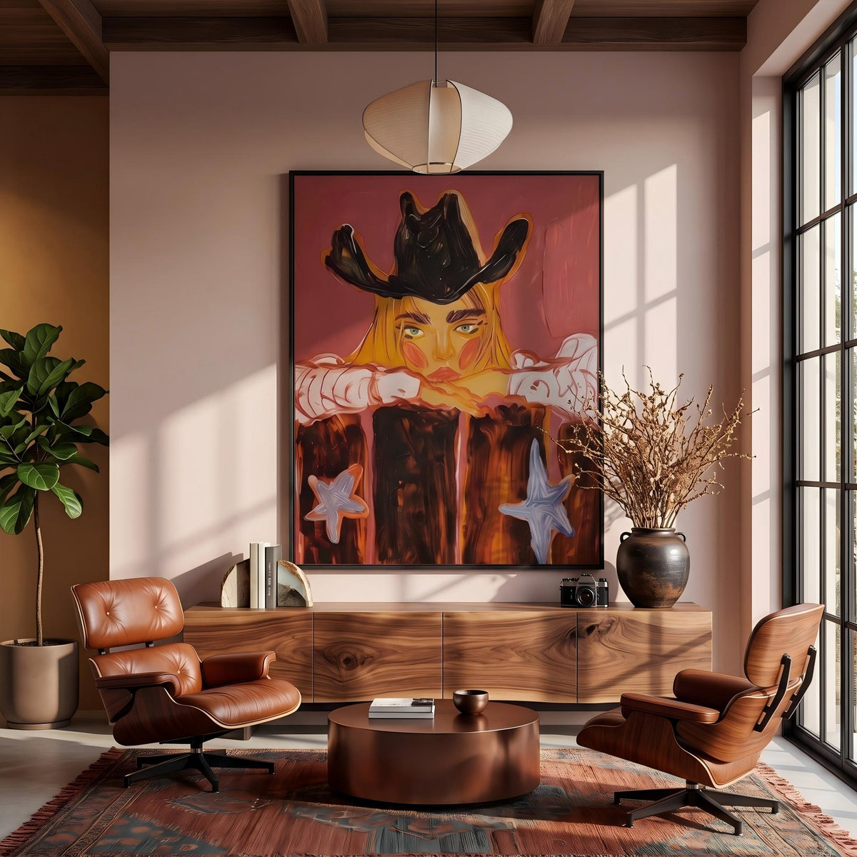 Cowboy Leans Through Sunset – Pop Art Western Figure Painting | Warm Red Vertical Wall Art