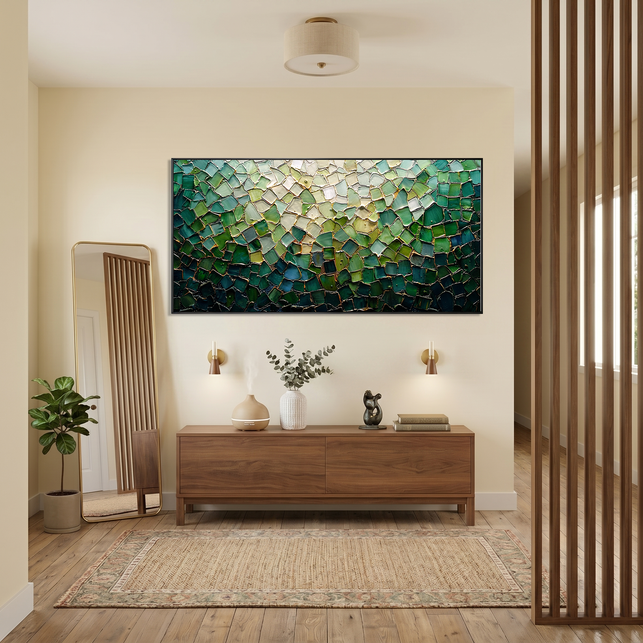 Emerald Mosaic – Modern Luxury Textured Art | Impasto Peacock Green Abstract Living Room Art