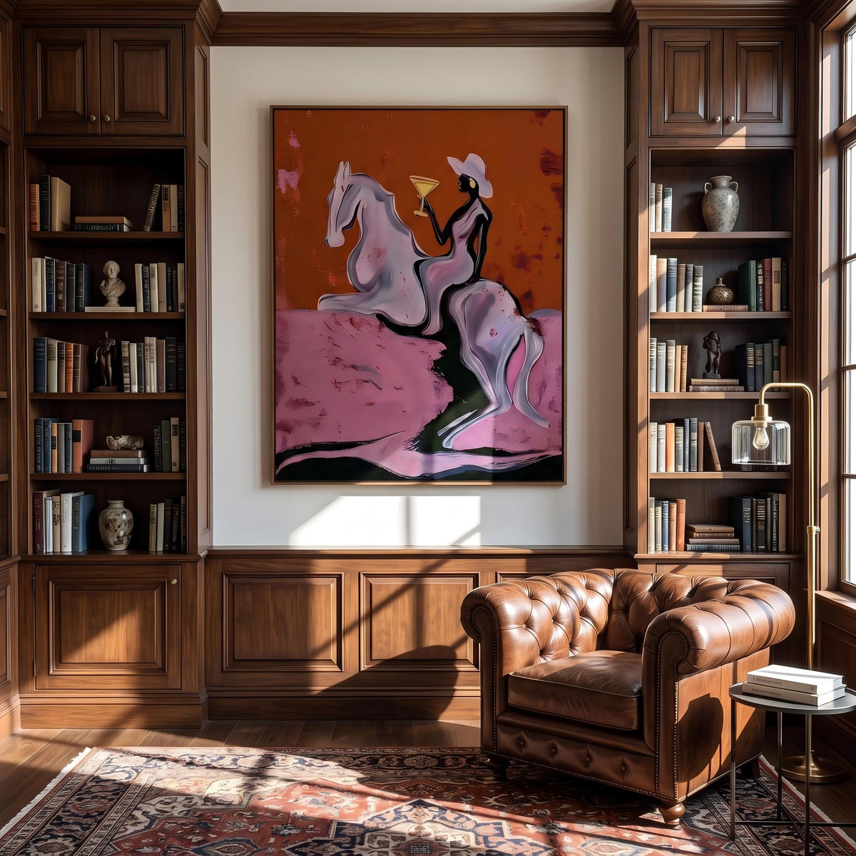 Pink Clouds Carry Rider – Pop Art Cowboy Horse Painting | Playful Orange Vertical Wall Art