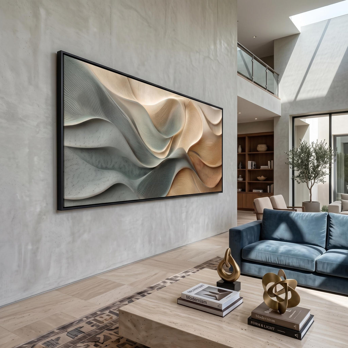 Tides Fold Into Sand – Blue Beige Sculptural Abstract Painting | Textured Horizontal Wall Art