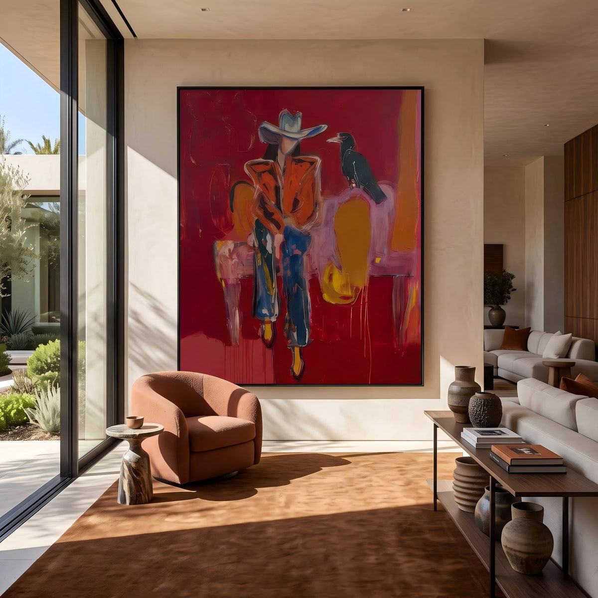 Crow Watches Scarlet Riders – Pop Art Western Figures Painting | Bold Red Vertical Wall Art