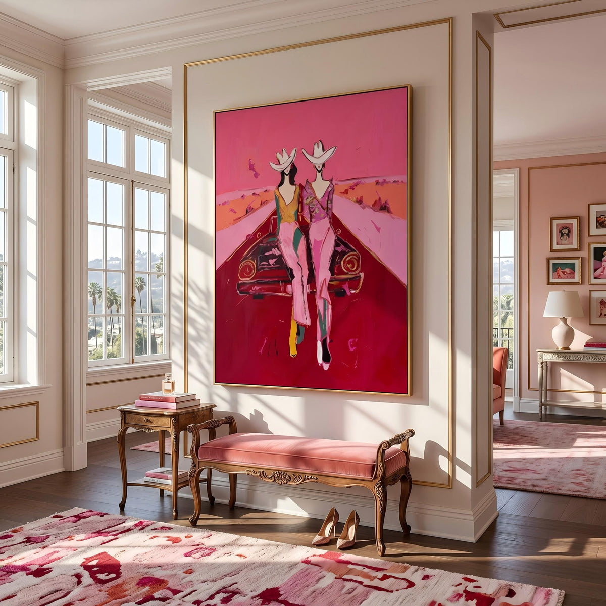 Cowgirls Meet the Horizon – Pop Art Western Friends Painting | Bold Pink Vertical Wall Art