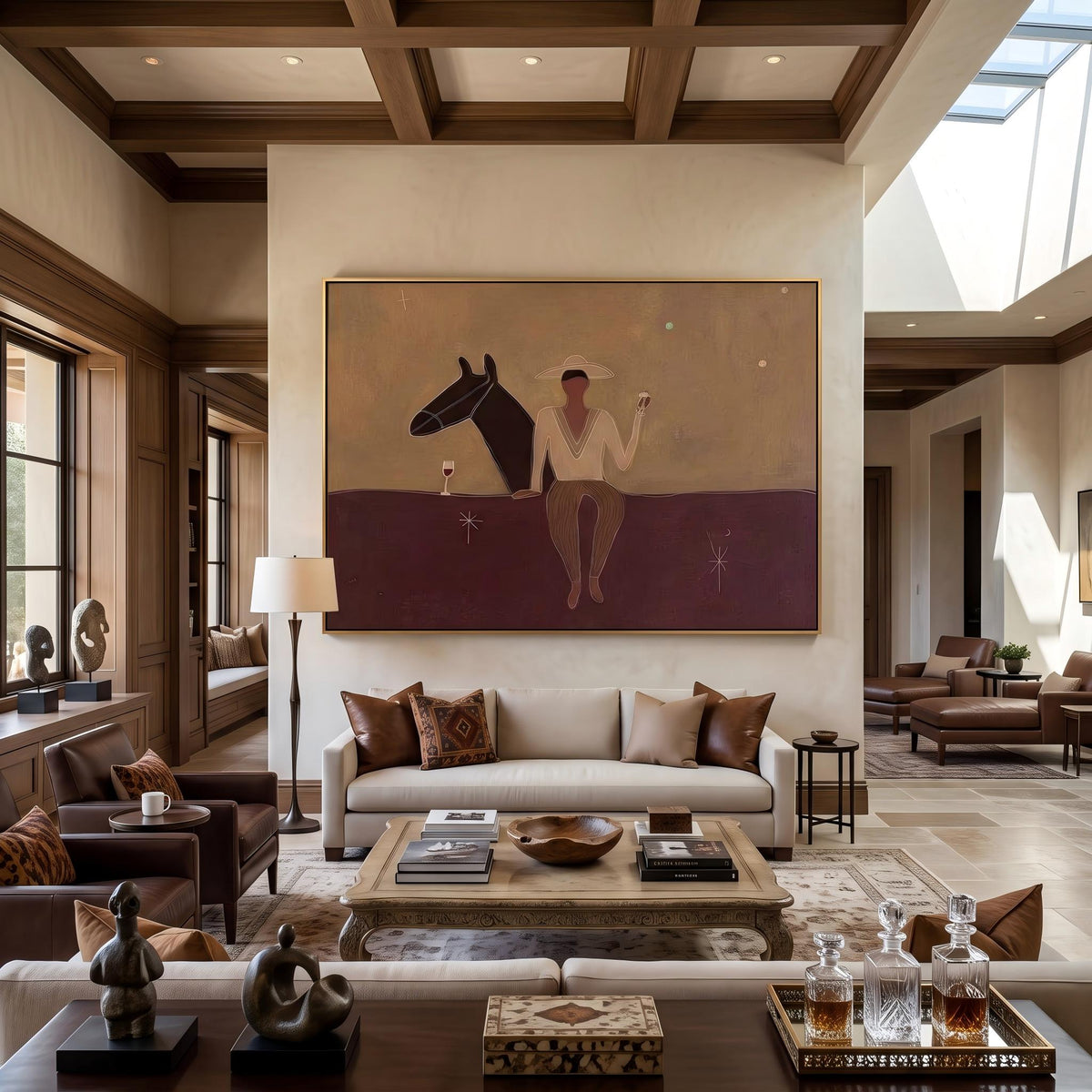 Rider Resting on Chestnut – Minimalist Cowboy Horse Painting | Warm Horizontal Western Wall Art