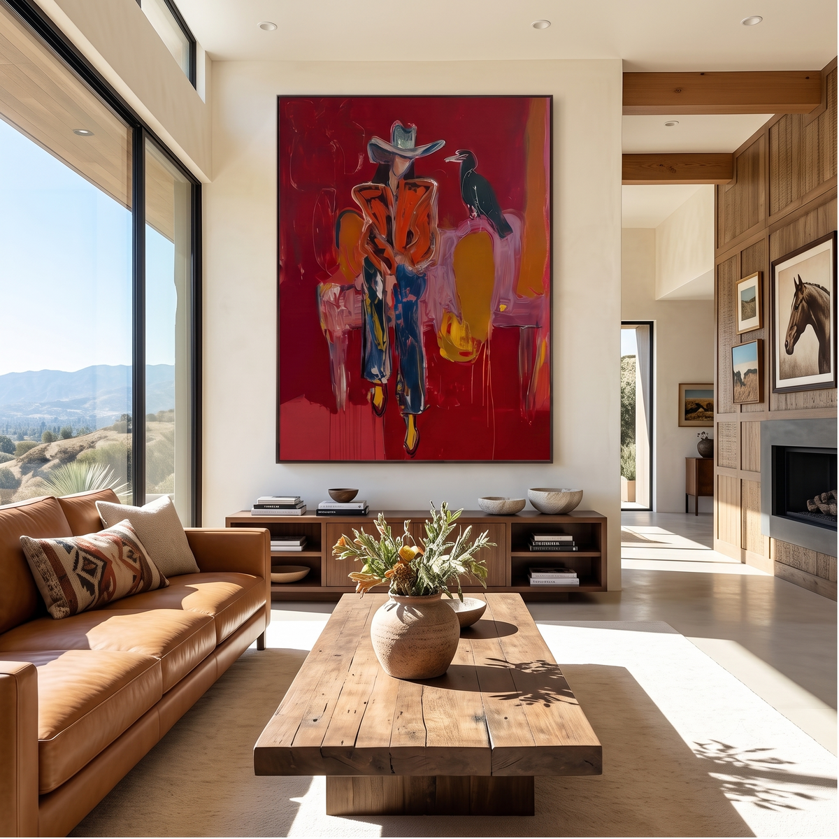 Crow Watches Scarlet Riders – Pop Art Western Figures Painting | Bold Red Vertical Wall Art
