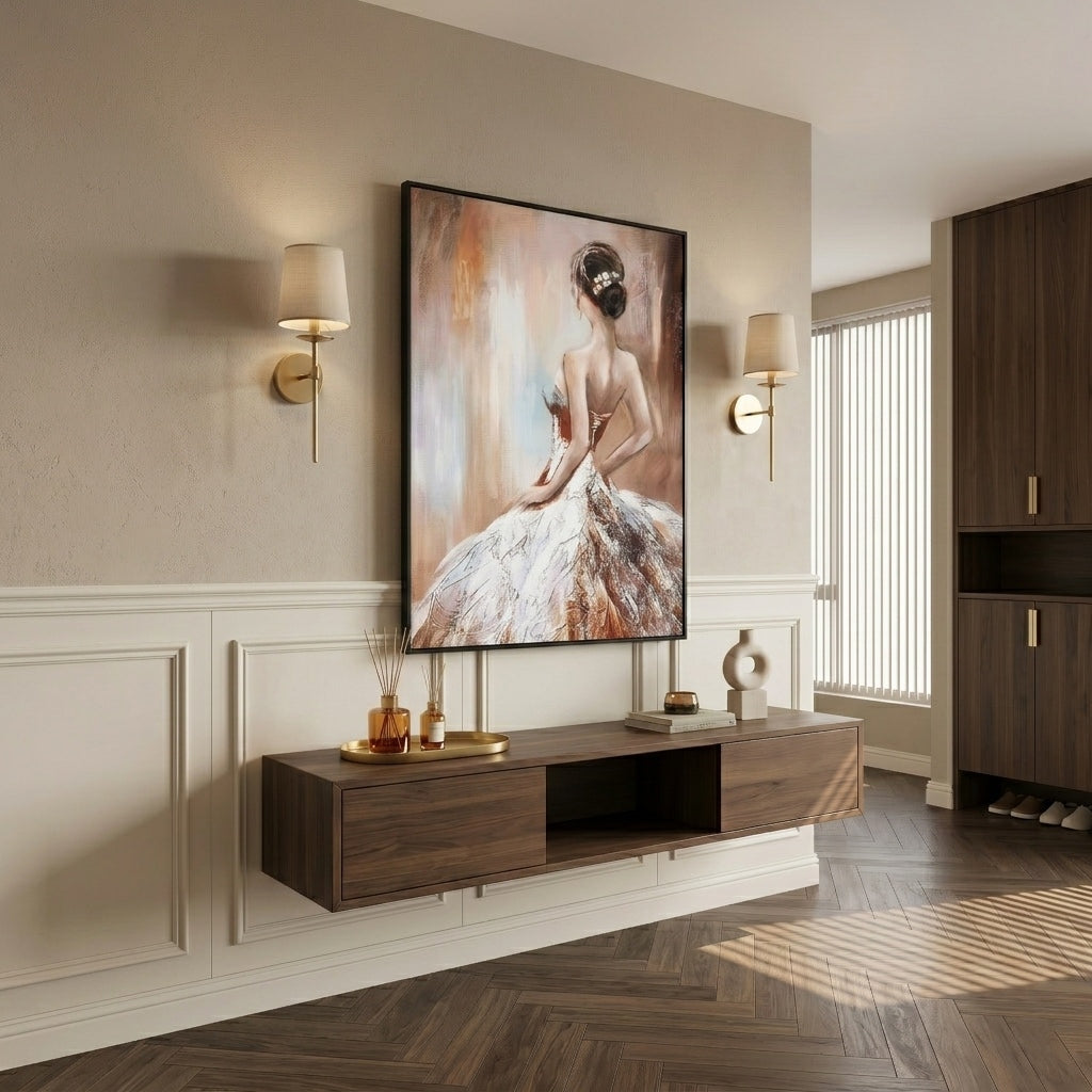Glance of Time – Impressionist Impasto Girl in White Gown | Modern Aesthetic Bedroom Wall Art