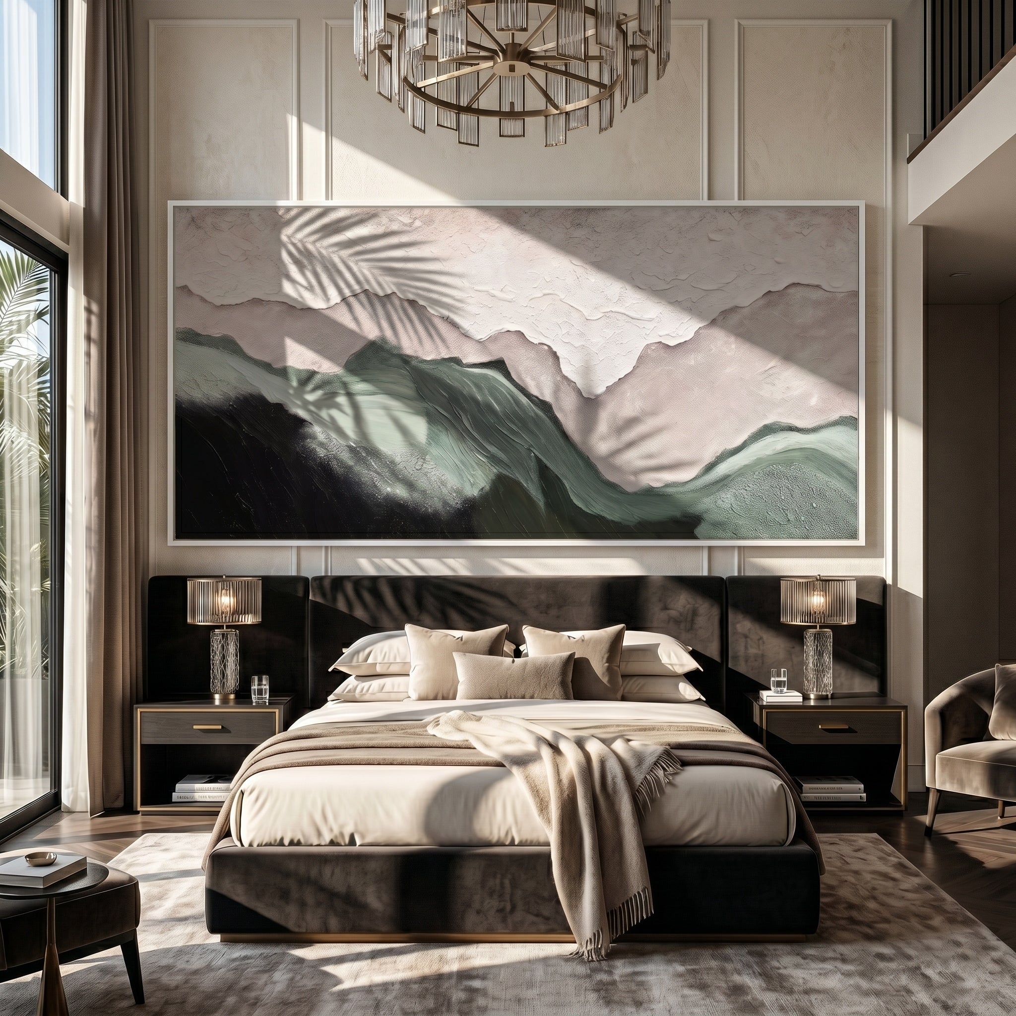 Mountain Echo – Wabi-Sabi Emerald Green Textured Painting | Horizontal Abstract Living Room Art