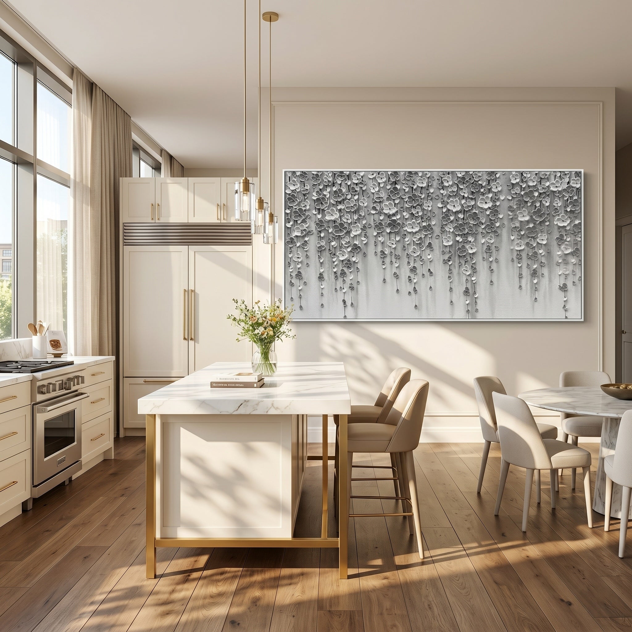 Whispering Shadows – Modern Minimalist Monochrome Oil Painting | Impasto Cascading Petal Living Room Art