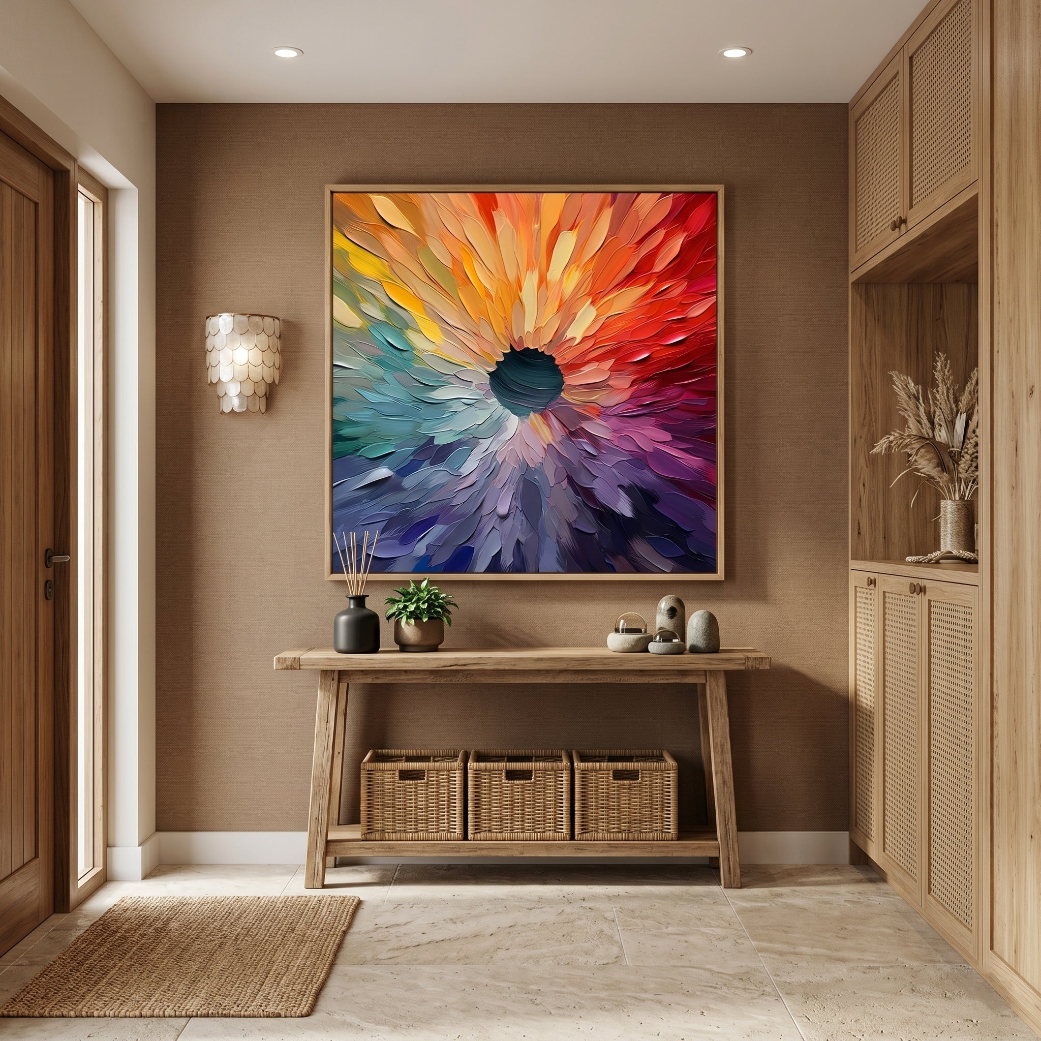 Rainbow Singularity – Modern Impasto Centripetal Abstract Oil Painting | Creative Textured Spectrum Entryway Art