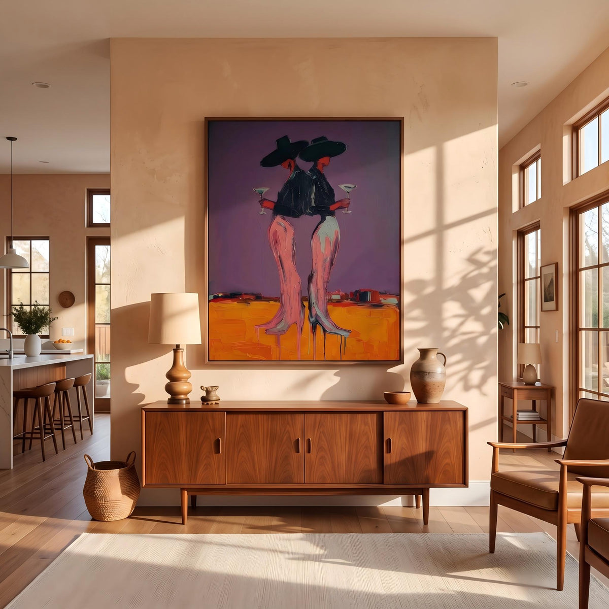 Two Cowgirls After Sunset – Pop Art Western Women Painting | Bold Purple Vertical Wall Art