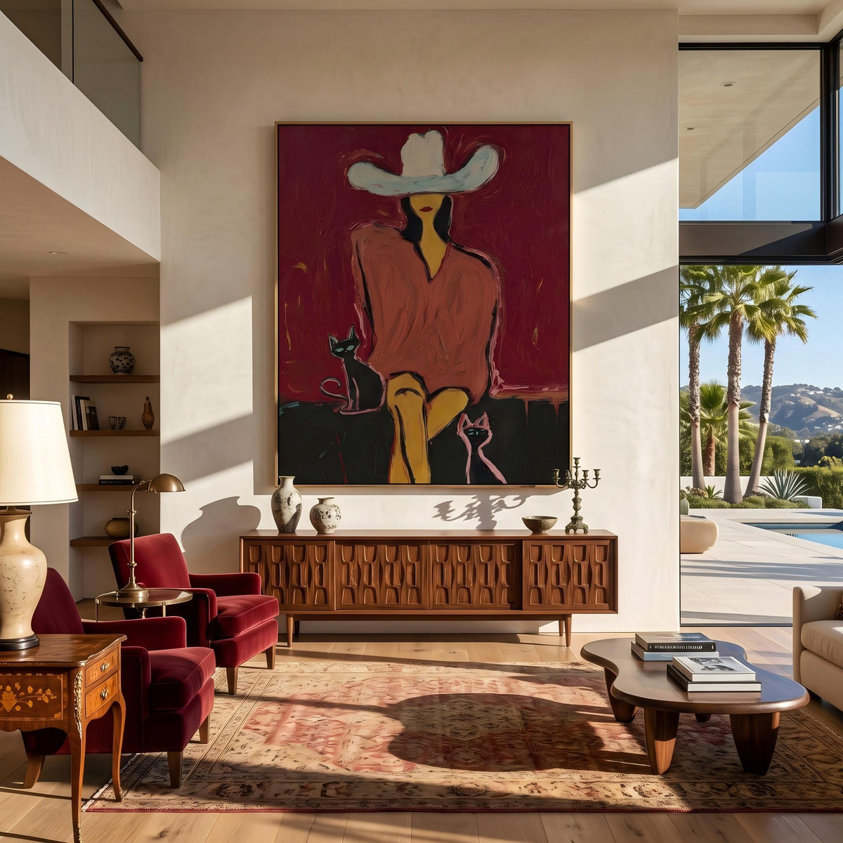 White Hat With Companions – Pop Art Cowboy and Pets Painting | Bold Red Vertical Wall Art