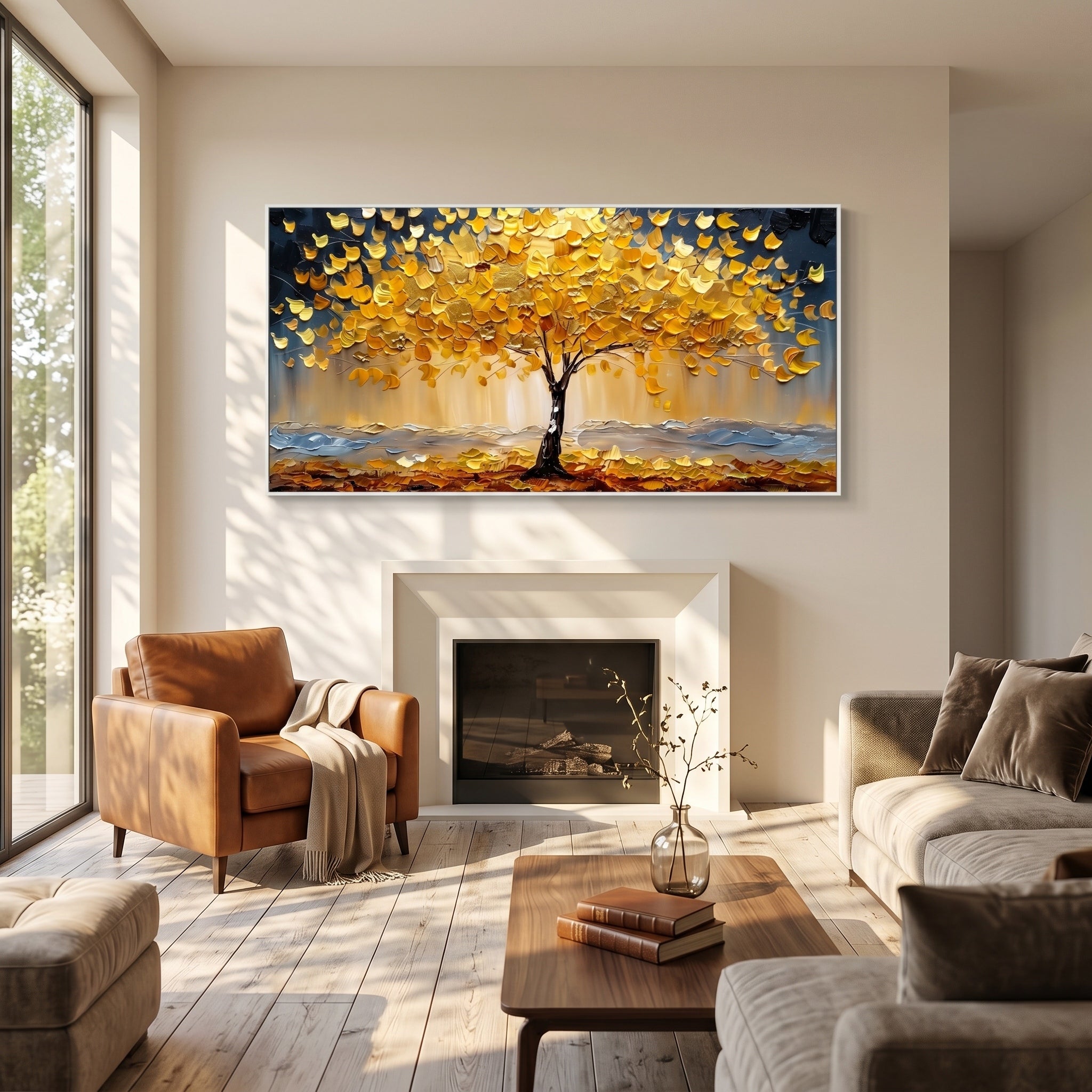 Gilded Abundance – Modern Luxury Oil Painting |  Impasto Golden Tree of Life Living Room Art
