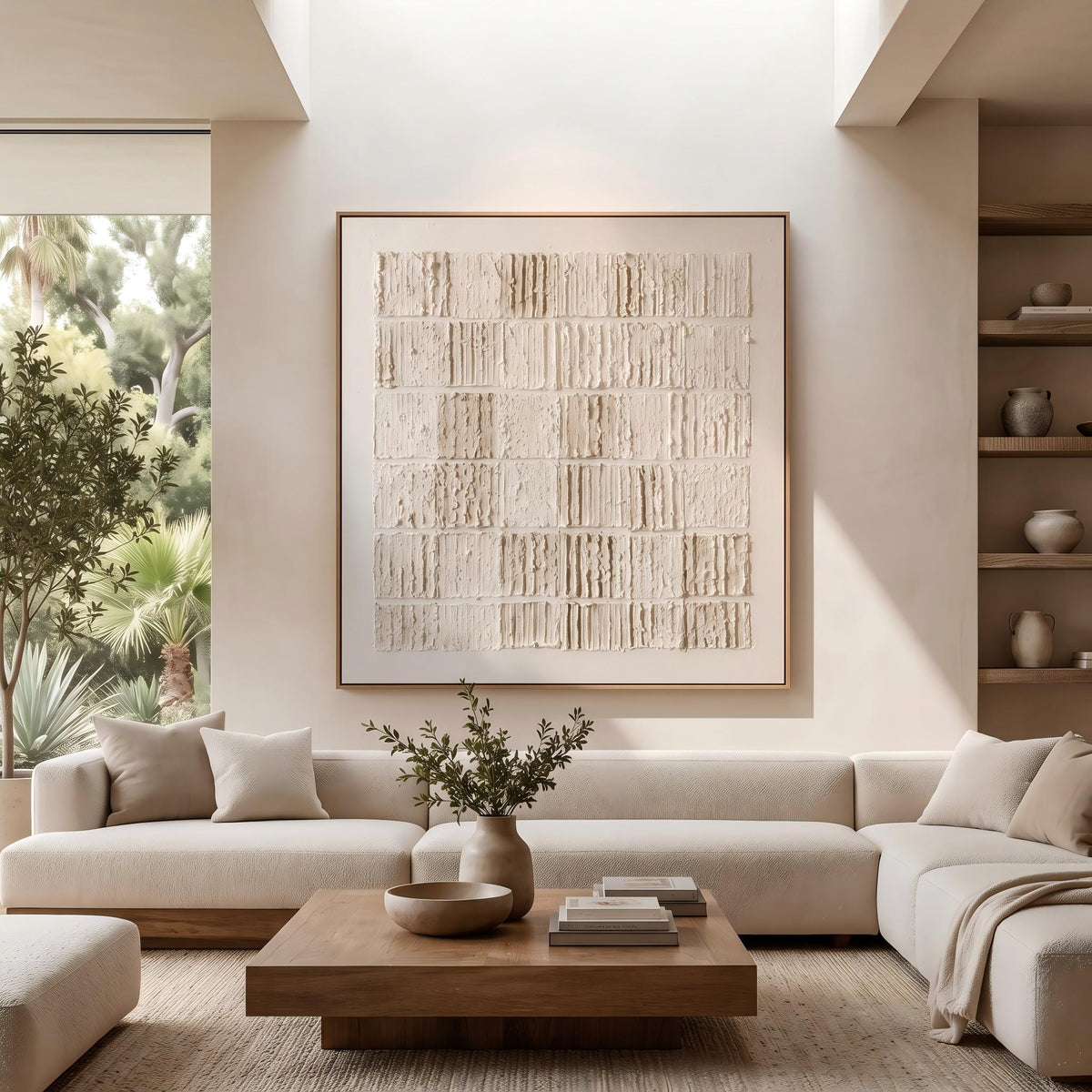 Quiet Blocks Hold Light – Cream Geometric Relief Painting | Wabi-Sabi Square Wall Art