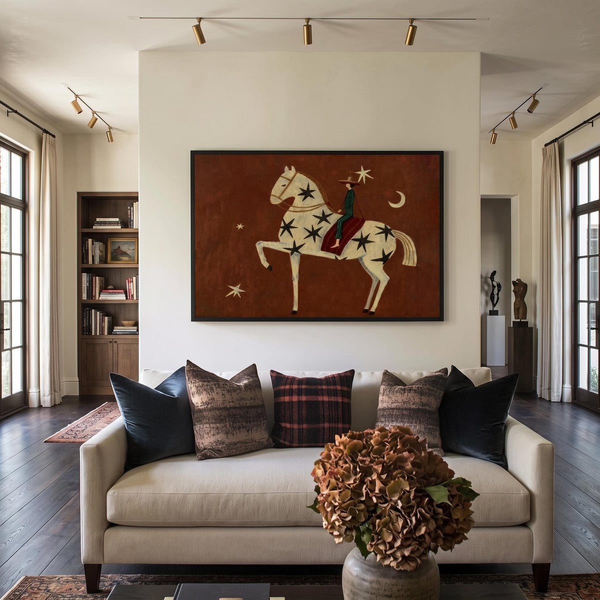 Stars Above Red Reins – Rust Horse and Rider Painting | Whimsical Western Horizontal Wall Art