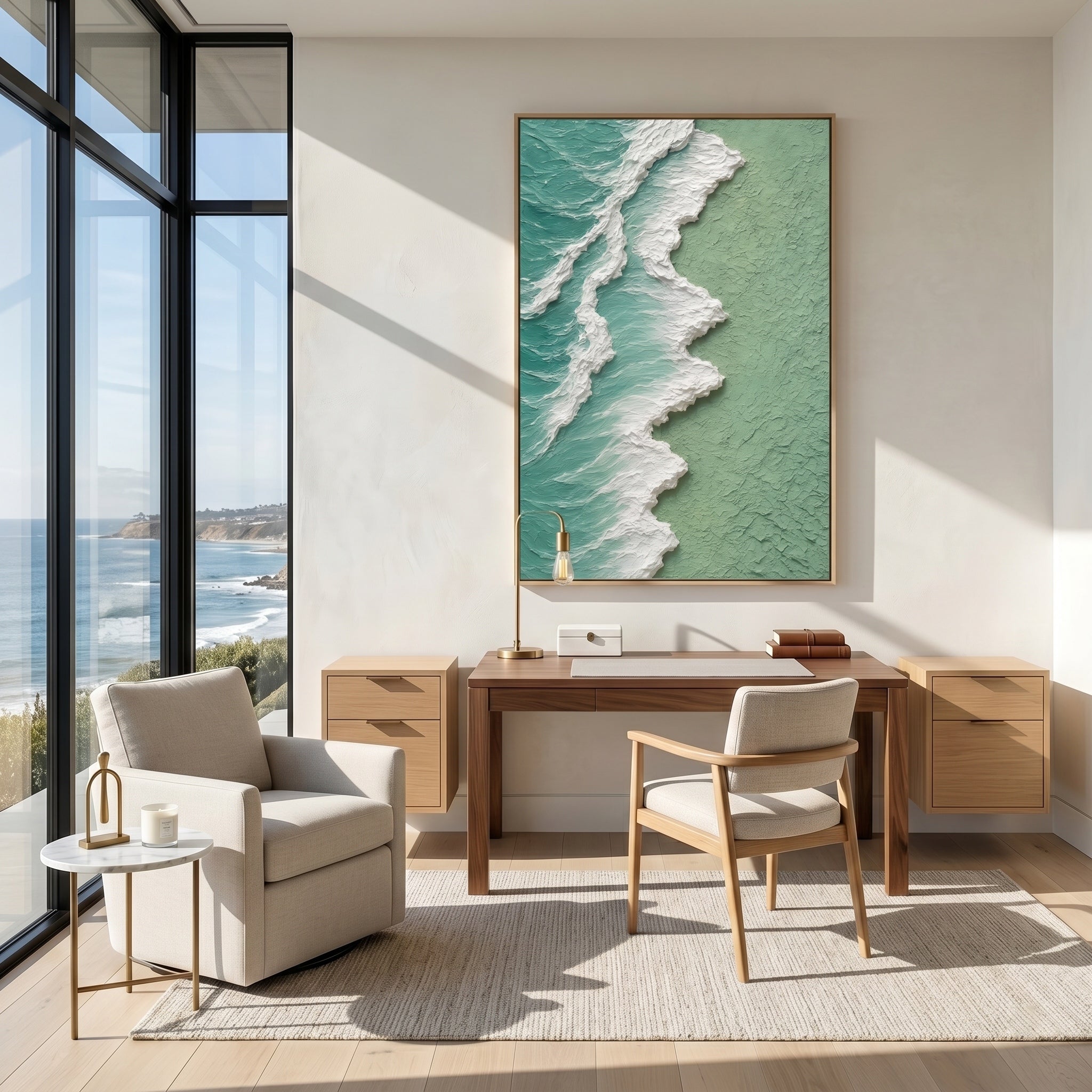 Ocean's Pulse – Modern Impasto Textured Painting | Creative Wabi-Sabi Mint Sea Wave Entryway Art