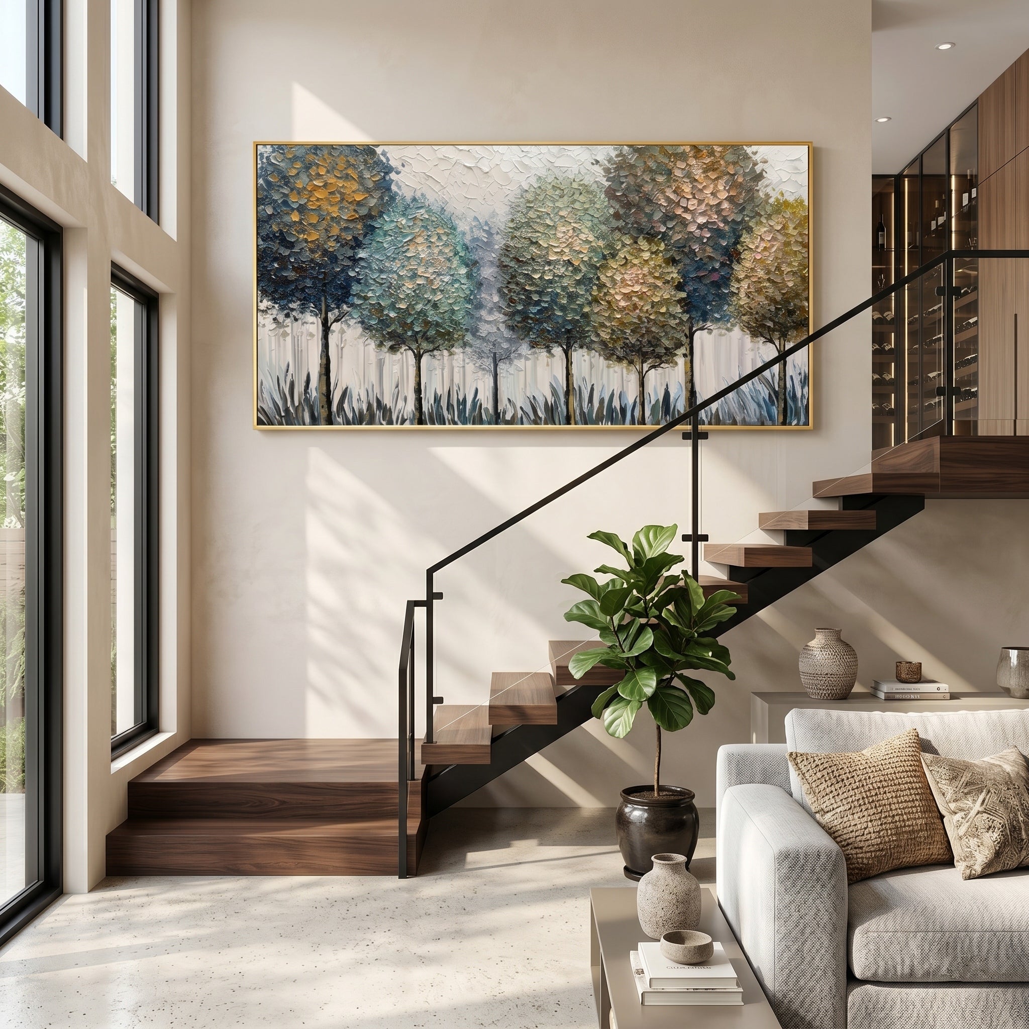 Morning Whispers – Blue-Grey & Gold Impasto Abstract Tree Landscape | Modern Luxury Bedroom Art