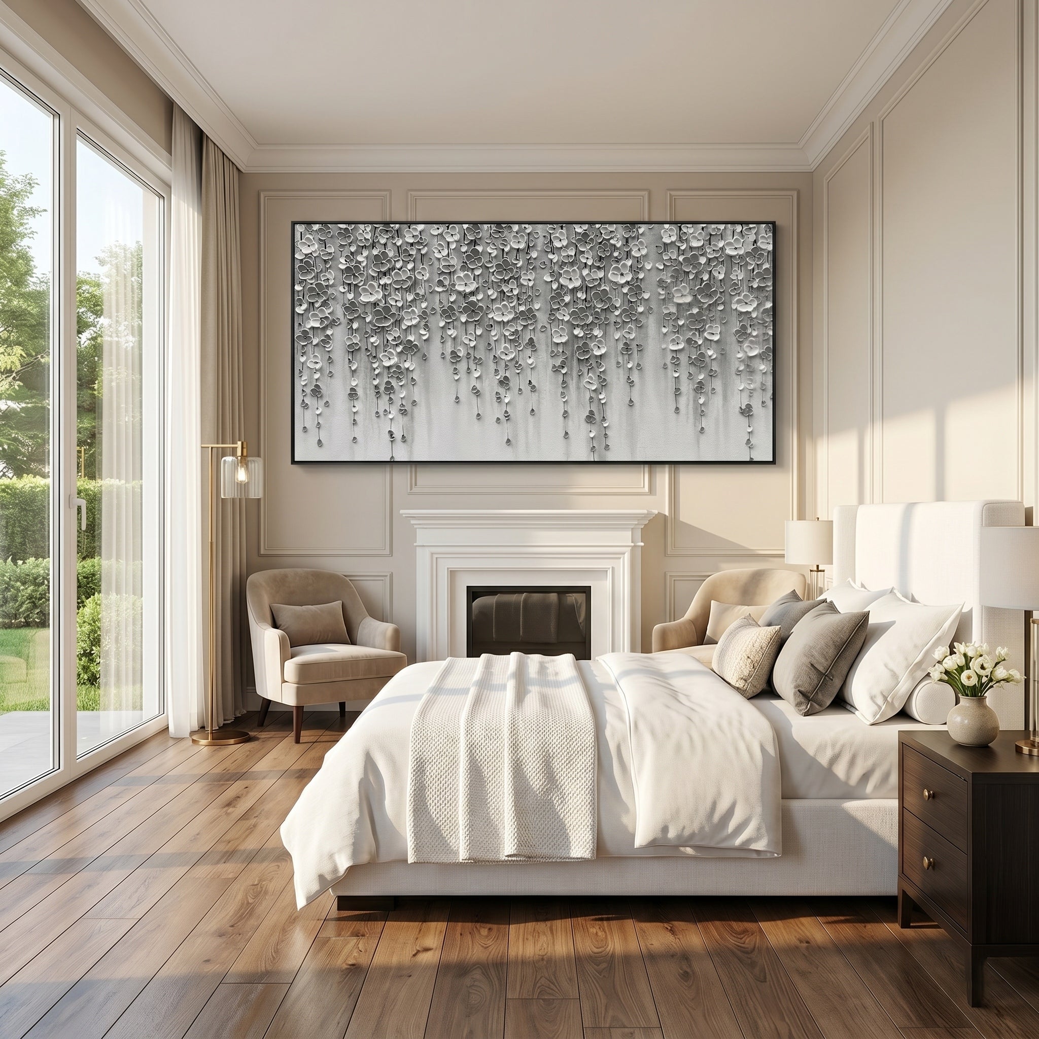 Whispering Shadows – Modern Minimalist Monochrome Oil Painting | Impasto Cascading Petal Living Room Art