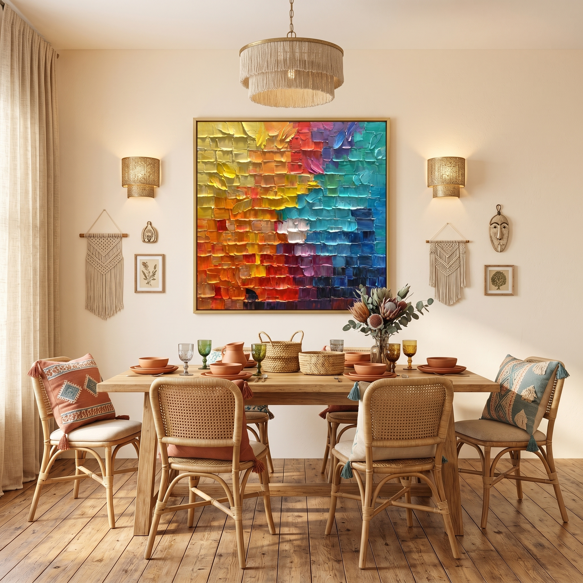 Chroma Grid – Modern Impasto Pixelated Abstract Oil Painting | Creative 3D Textured Mosaic Hallway Art