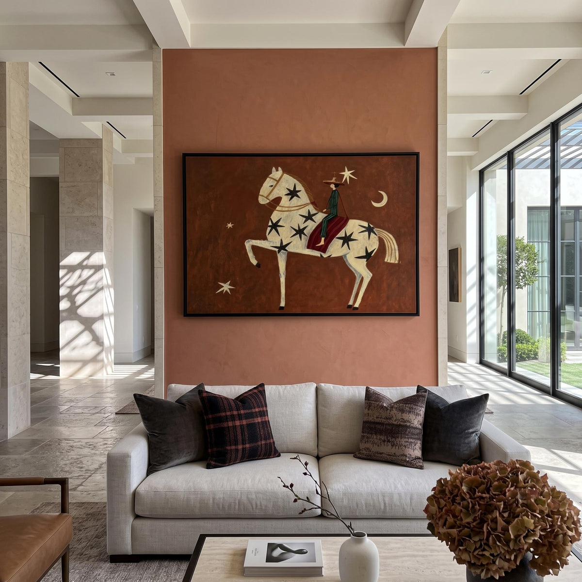 Stars Above Red Reins – Rust Horse and Rider Painting | Whimsical Western Horizontal Wall Art
