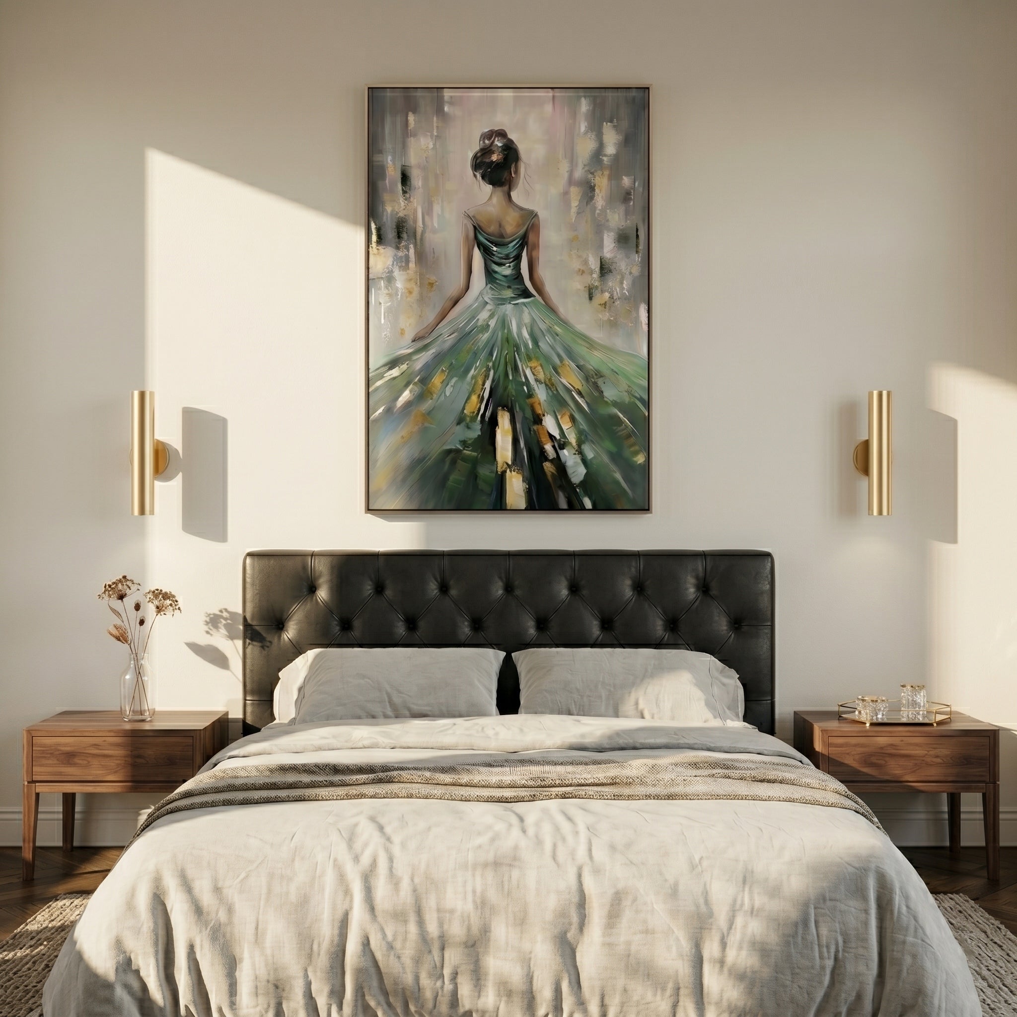 Emerald Radiance – Modern Impressionist Figure Painting | Elegant Woman in Sage Green Gown Bedroom Art
