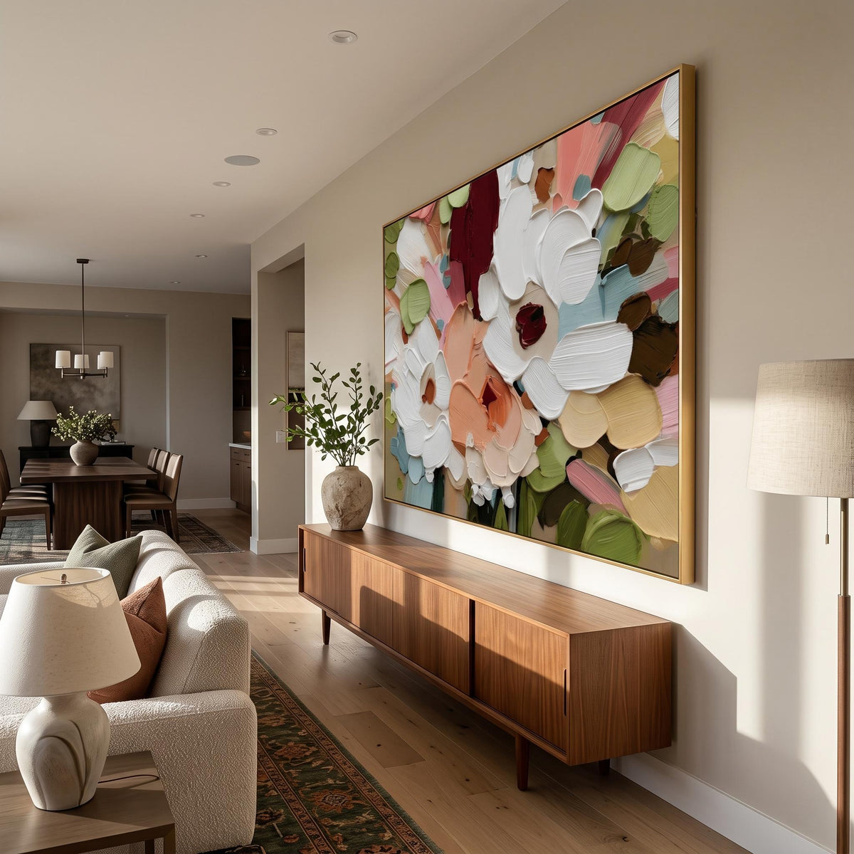 Petals Across Morning Light – Colorful Floral Painting | Textured Horizontal Living Room Wall Art