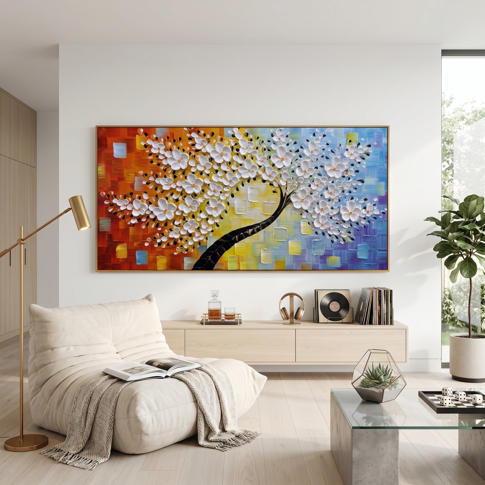 Dance of Life – Modern Textured Impasto Flower Tree | Artful Warm-Cool Contrast Entryway Wall Art