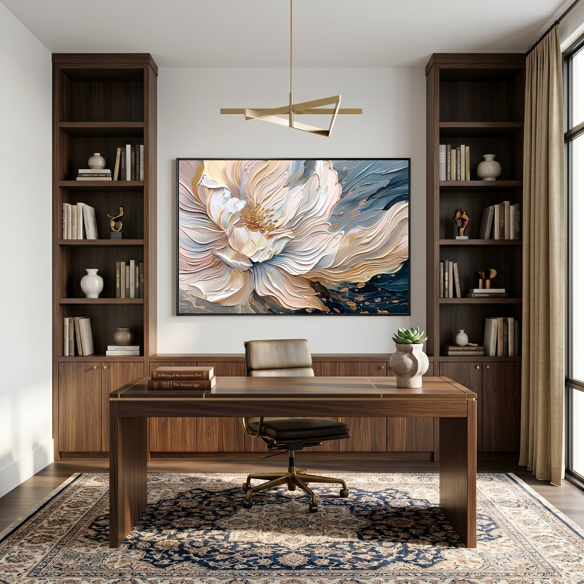 Flowing Gilt – Modern Luxury Abstract Floral Impasto Canvas | Elegant Living Room Wall Art