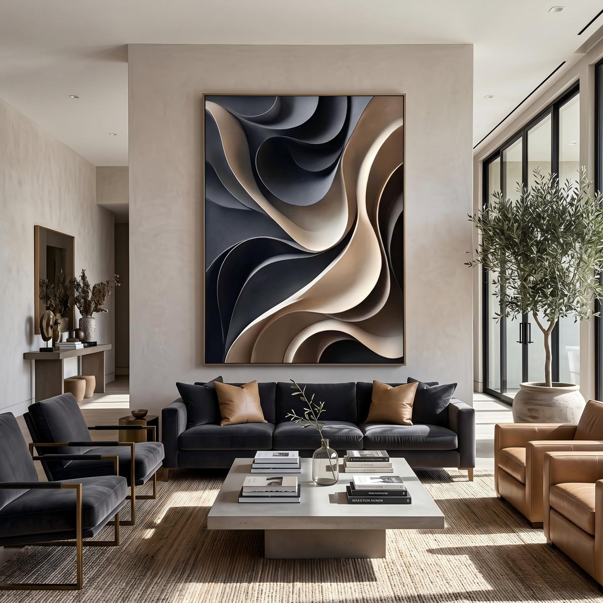 Midnight Curves in Motion – Black Cream Sculptural Abstract Painting | Modern Vertical Wall Art