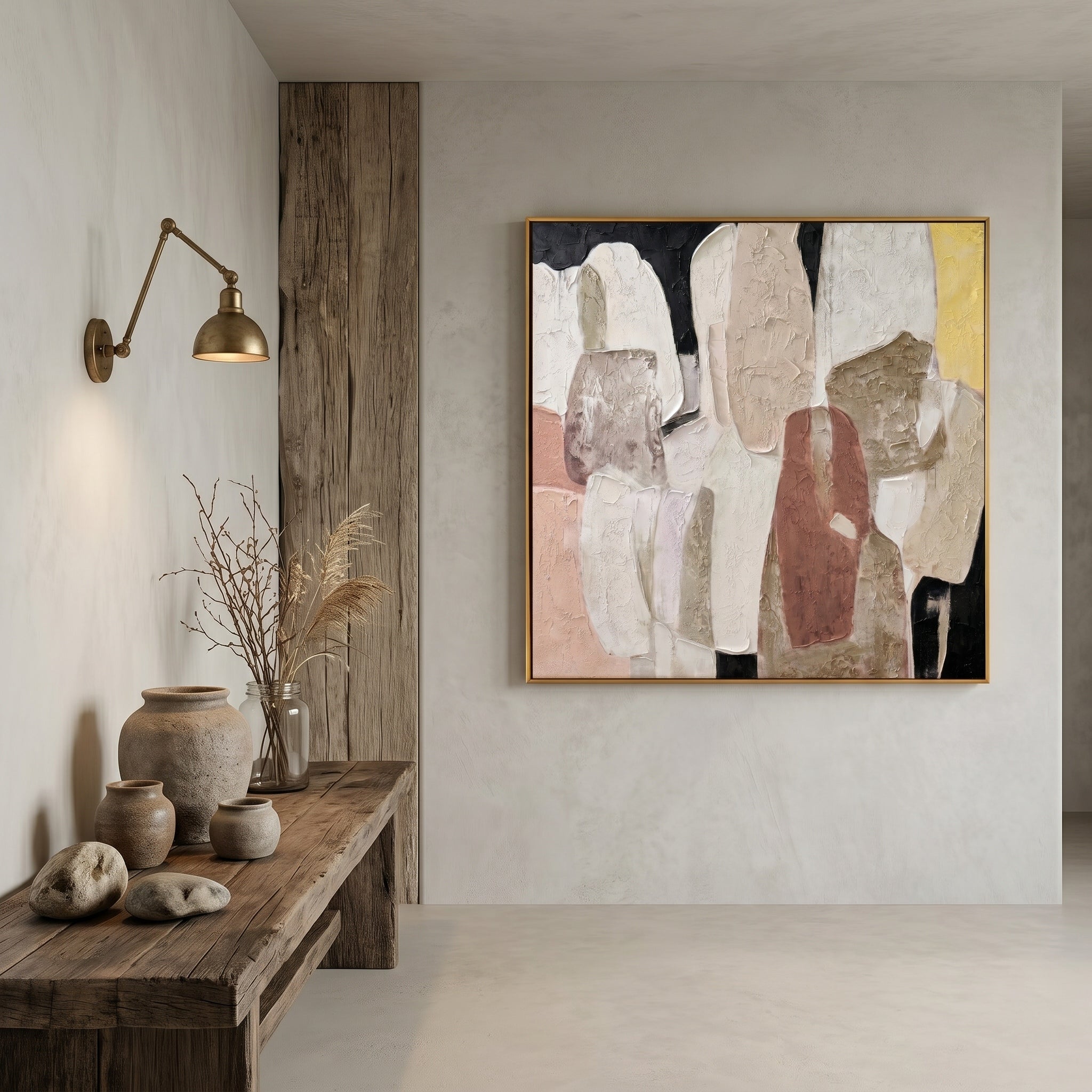 Earthy Poetics – Wabi-Sabi Terracotta and Black Plaster Texture Abstract Canvas | Minimalist Hallway Art