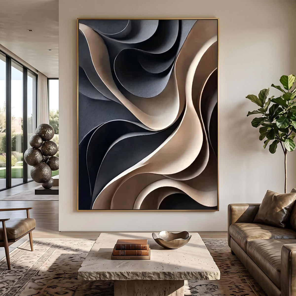 Midnight Curves in Motion – Black Cream Sculptural Abstract Painting | Modern Vertical Wall Art