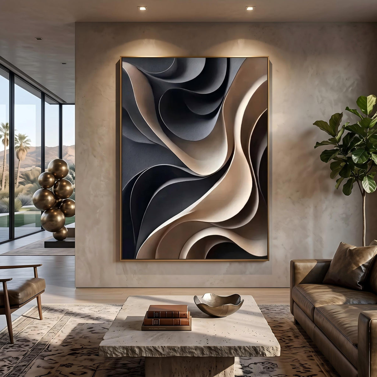 Midnight Curves in Motion – Black Cream Sculptural Abstract Painting | Modern Vertical Wall Art