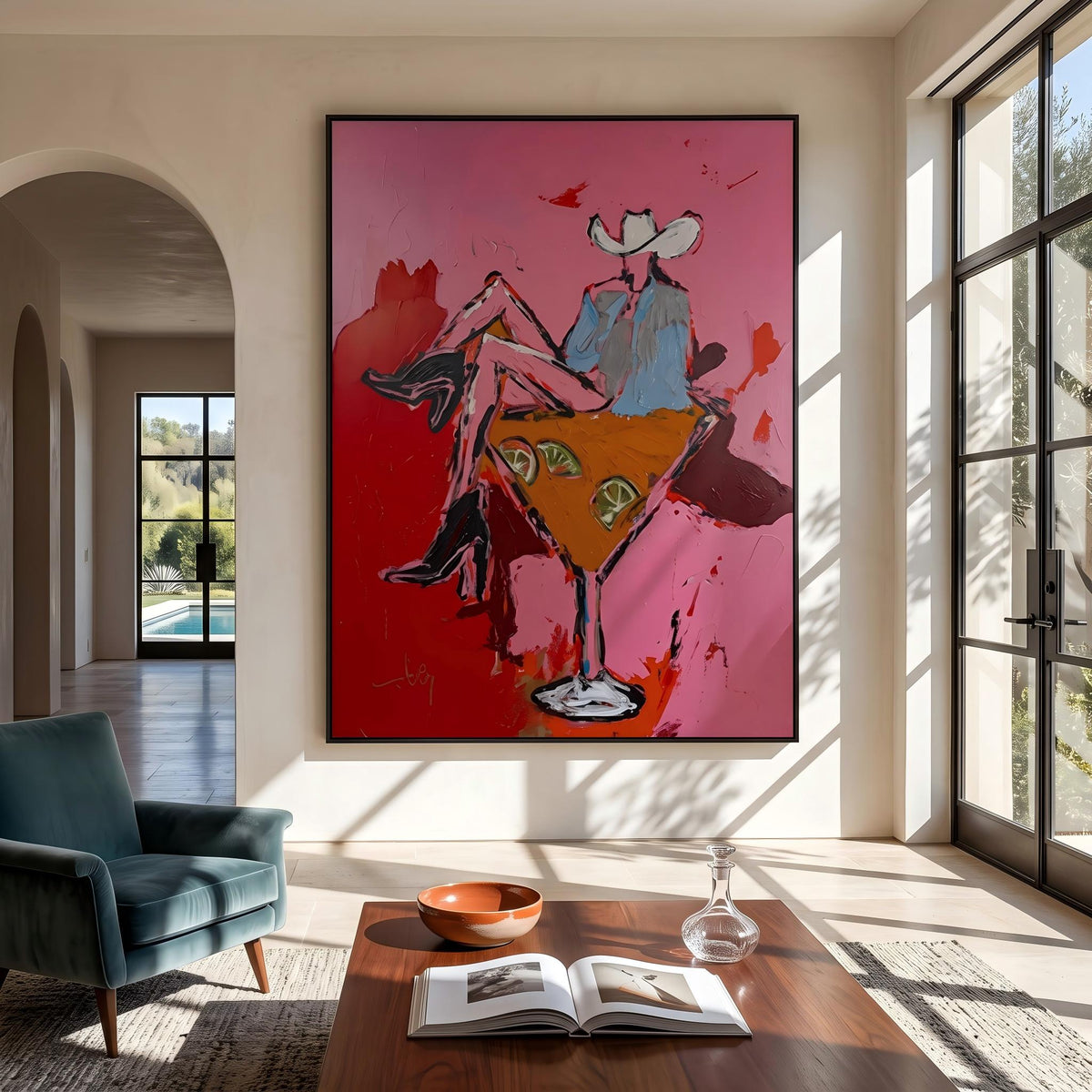 Two Cowgirls Leave Town – Pop Art Cowgirl Road Trip Painting | Pink Vertical Wall Art