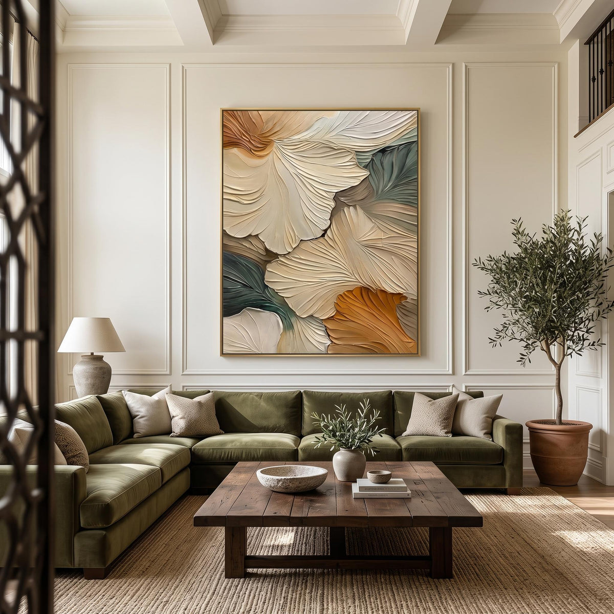 Ginkgo Leaves in Drift – Blue Gold Botanical Abstract Painting | Textured Vertical Wall Art