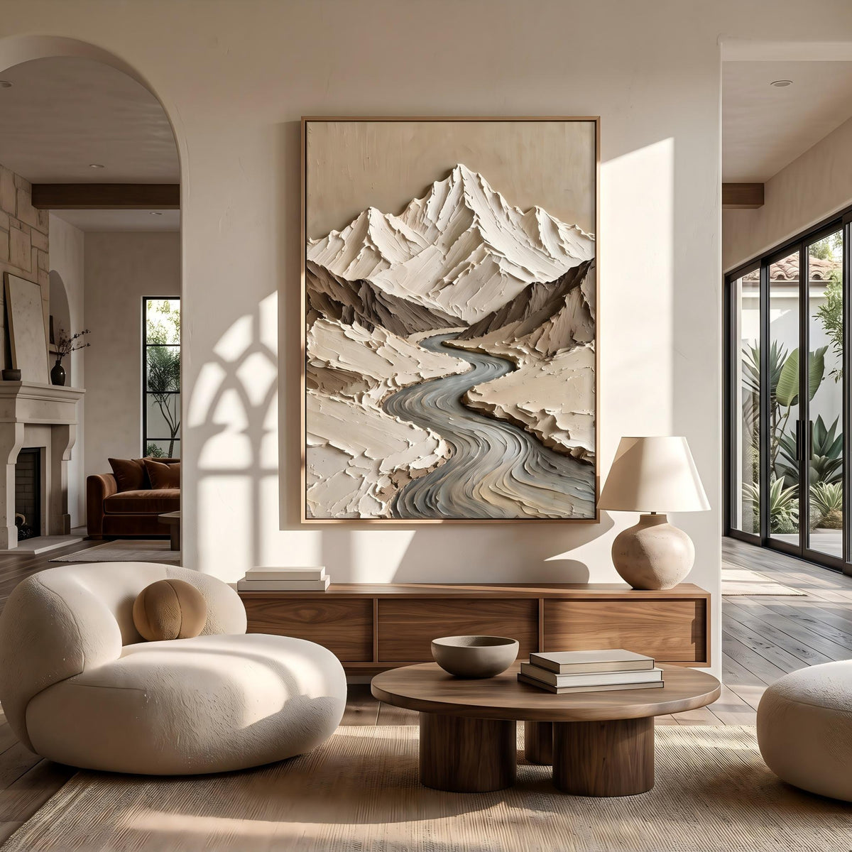 White Peaks Rising – Neutral Textured Mountain Painting | Wabi-Sabi Vertical Wall Art