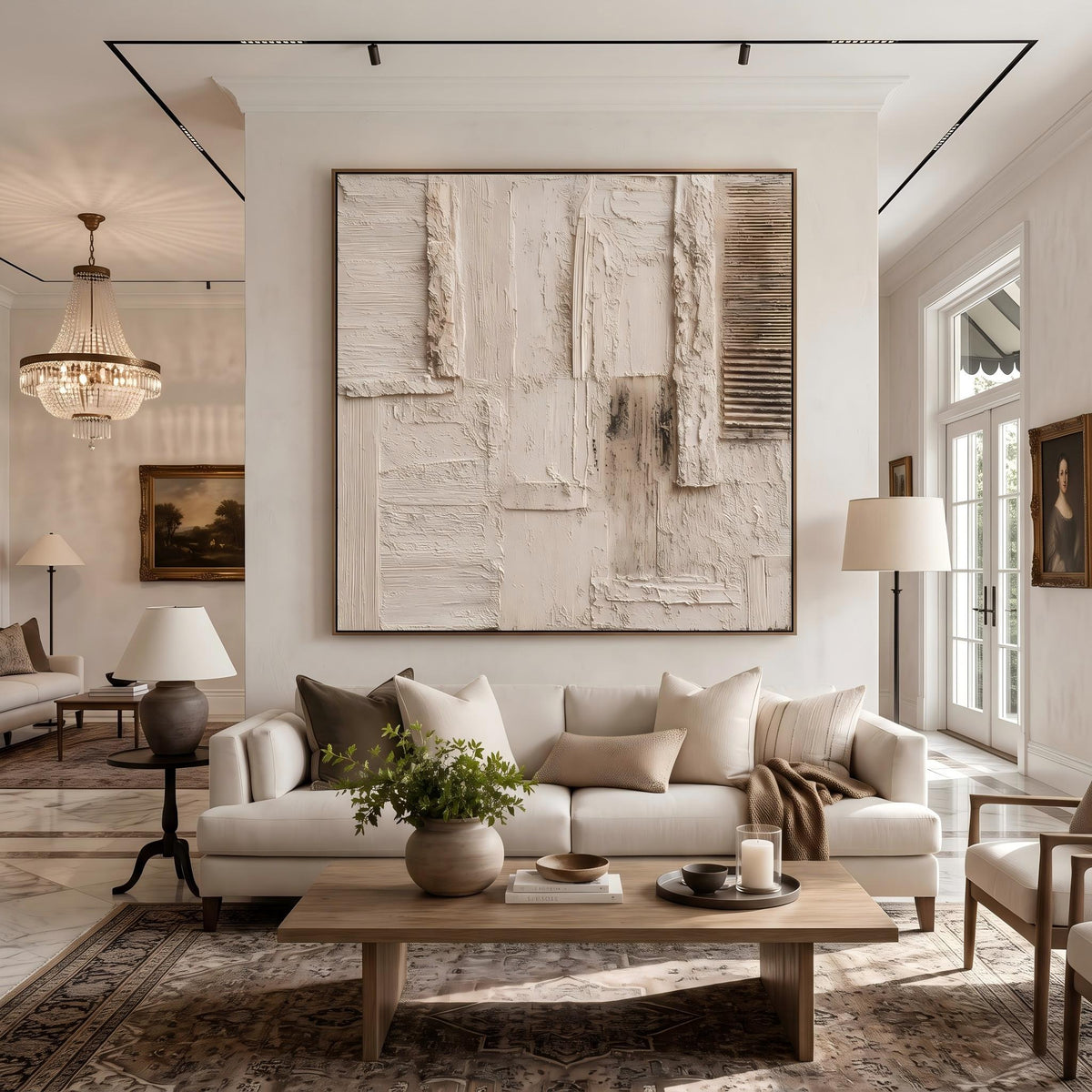 Ivory Grid in Silence – White Beige Geometric Painting | Textured Square Wall Art