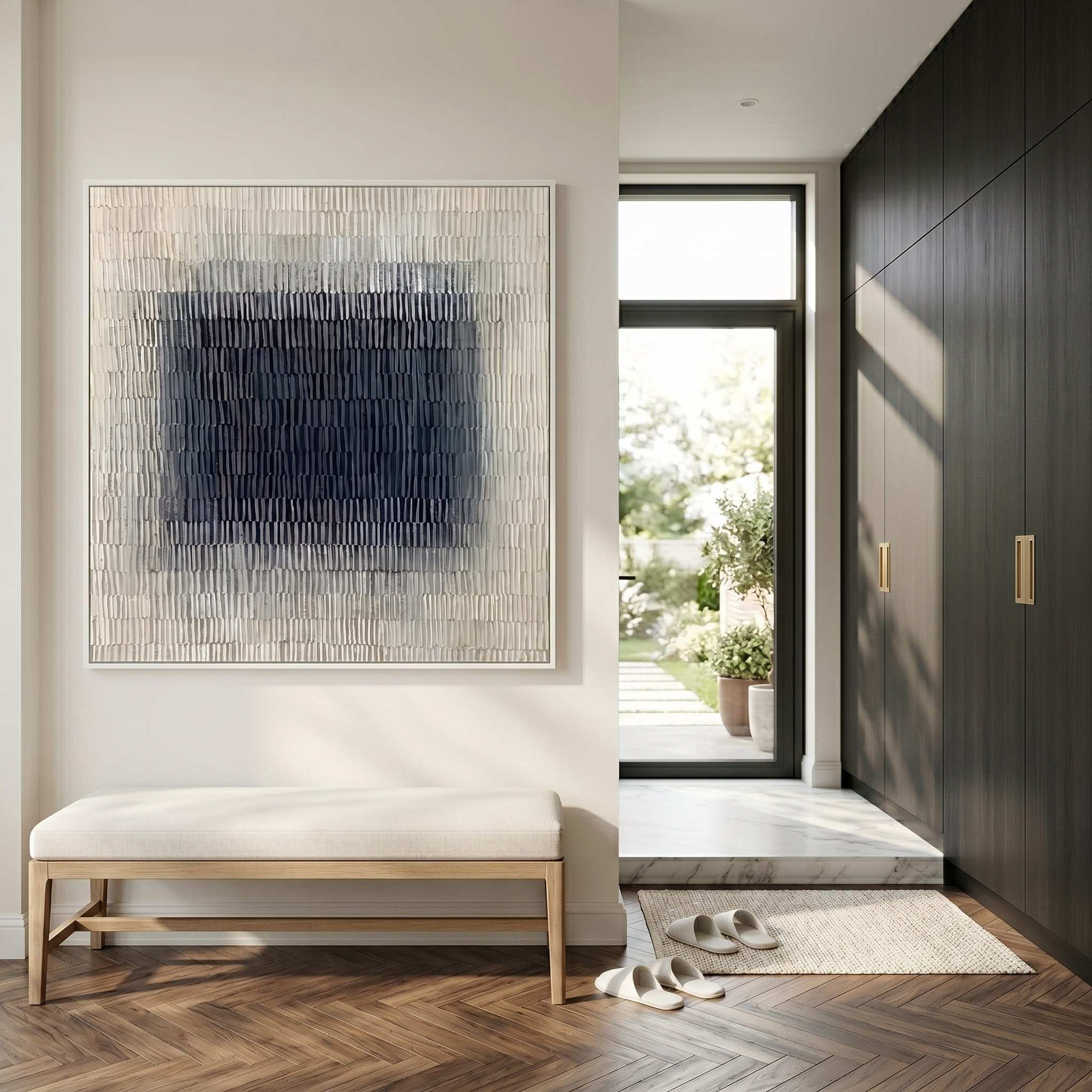 Deep Resonance – Minimalist Monochromatic Heavy Textured Array | Wabi-Sabi Square Hallway Art
