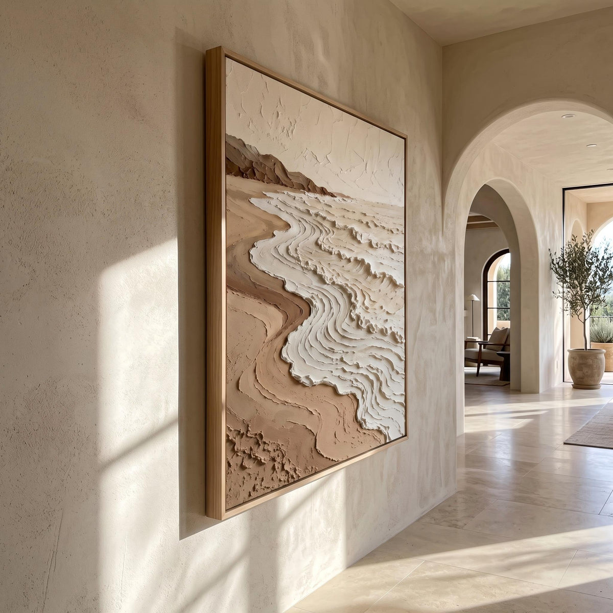 Shorelines Etched in Cream – Neutral Contour Abstract Painting | Textured Vertical Wall Art