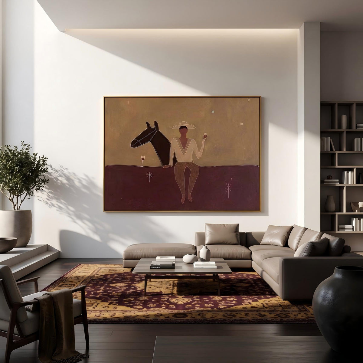 Rider Resting on Chestnut – Minimalist Cowboy Horse Painting | Warm Horizontal Western Wall Art