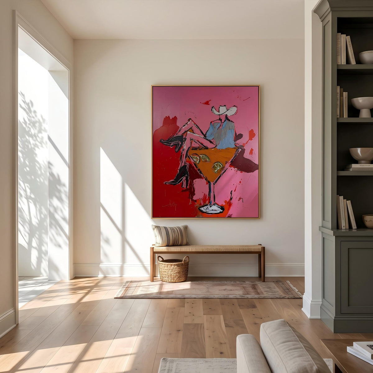 Two Cowgirls Leave Town – Pop Art Cowgirl Road Trip Painting | Pink Vertical Wall Art