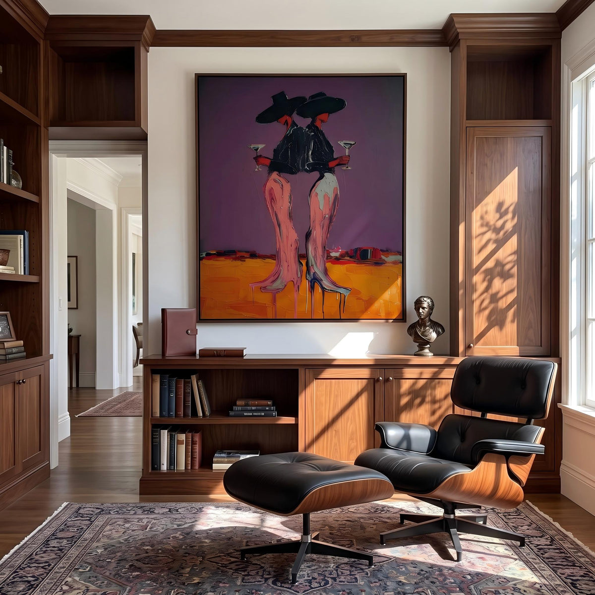 Two Cowgirls After Sunset – Pop Art Western Women Painting | Bold Purple Vertical Wall Art