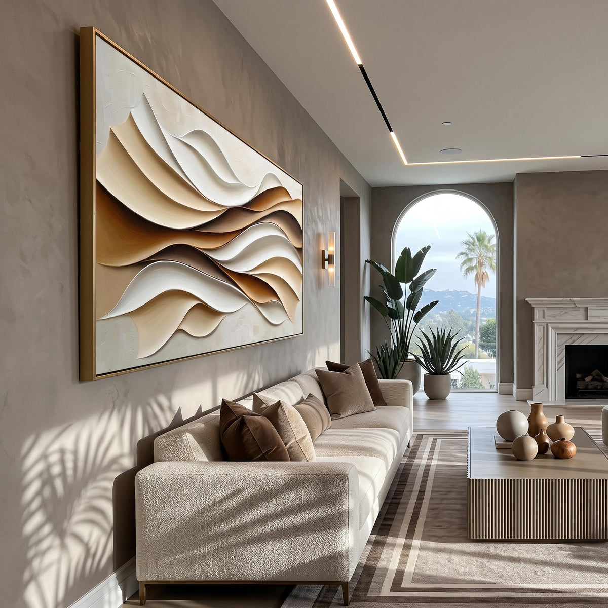 Sand Waves in Relief – Cream Brown Layered Abstract Painting | Wabi-Sabi Horizontal Wall Art
